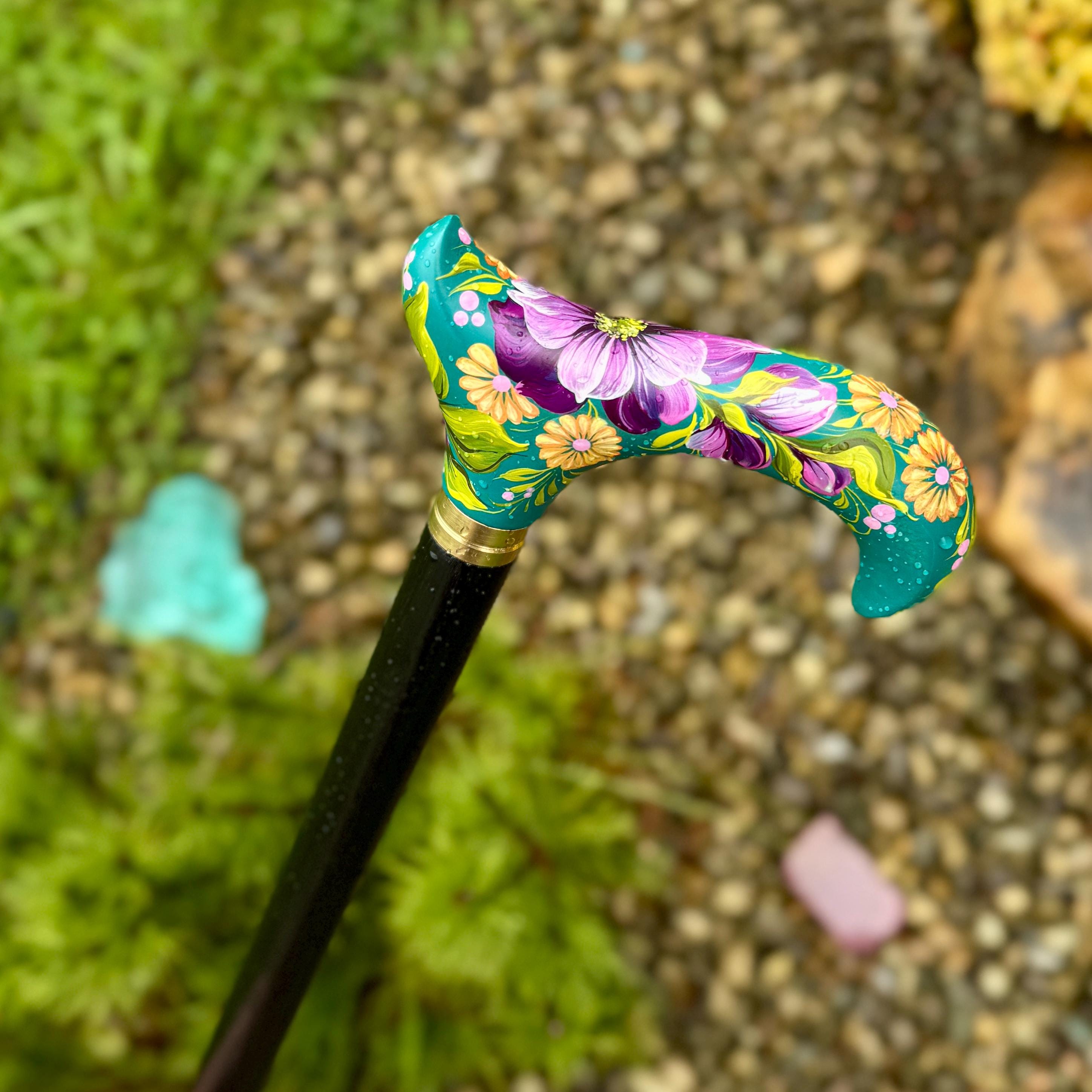 Hand-Painted Floral Walking Cane: Purple Flowers, Marine Green Derby Handle - GCArtis - Classic Wooden Canes - Bronze, wood