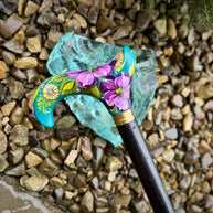 Hand-Painted Floral Walking Cane: Purple Flowers, Marine Green Derby Handle - GCArtis - Classic Wooden Canes - Bronze, wood