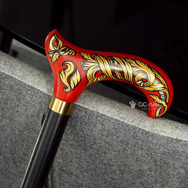 Celtic Walking Stick – Red Fire Hand Painted Wooden Cane, Brass decor, Derby Handle – 36" - GCArtis - Classic Wooden Canes - Bronze, wood