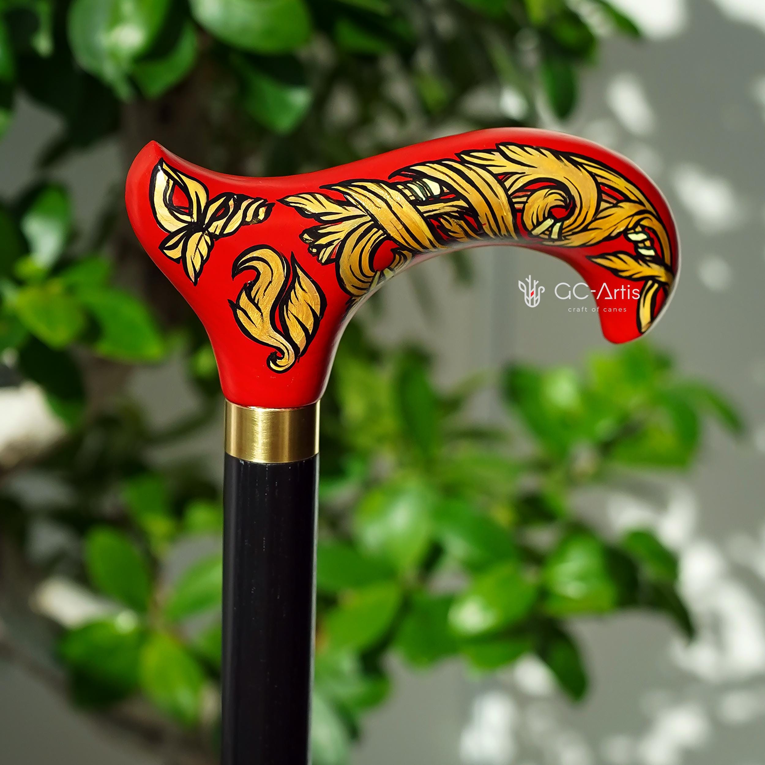 Celtic Walking Stick – Red Fire Hand Painted Wooden Cane, Brass decor, Derby Handle – 36