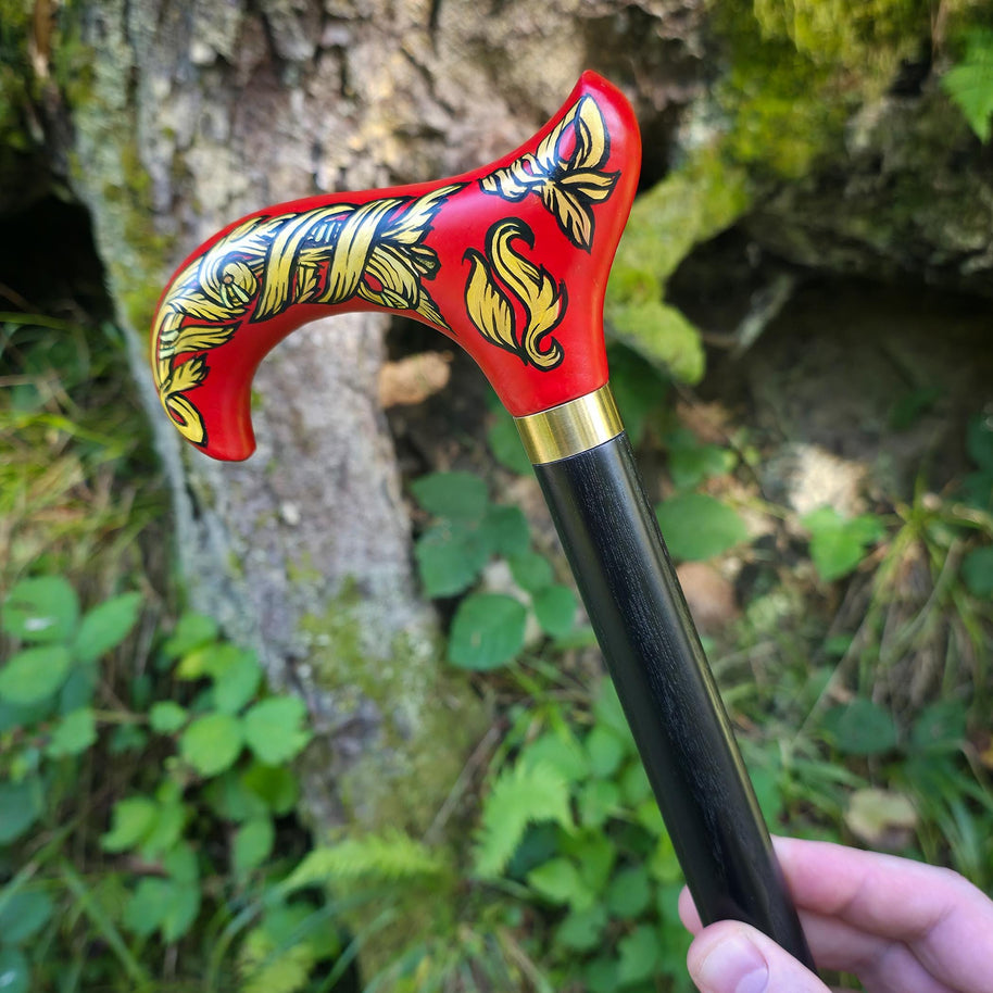 Celtic Walking Stick – Red Fire Hand Painted Wooden Cane, Brass decor, Derby Handle – 36