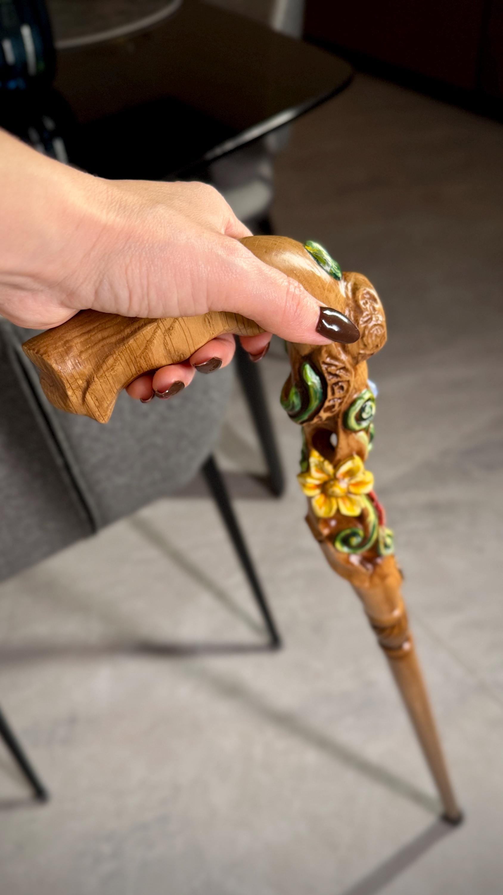 Hand painted Walking cane - Flower field, Elegant light wood hand carved Walking Stick - GCArtis - Luxe Hand Painted Canes - Wood, Wooden