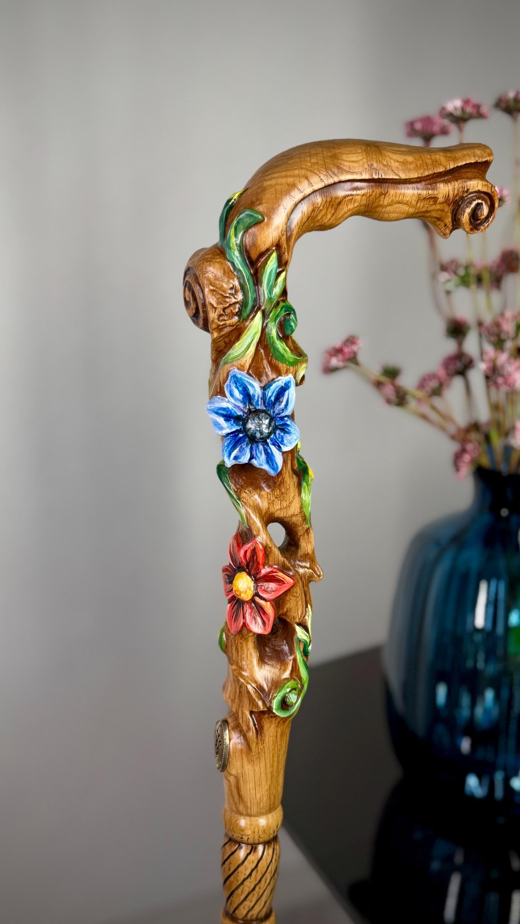 Hand painted Walking cane - Flower field, Elegant light wood hand carved Walking Stick - GCArtis - Luxe Hand Painted Canes - Wood, Wooden