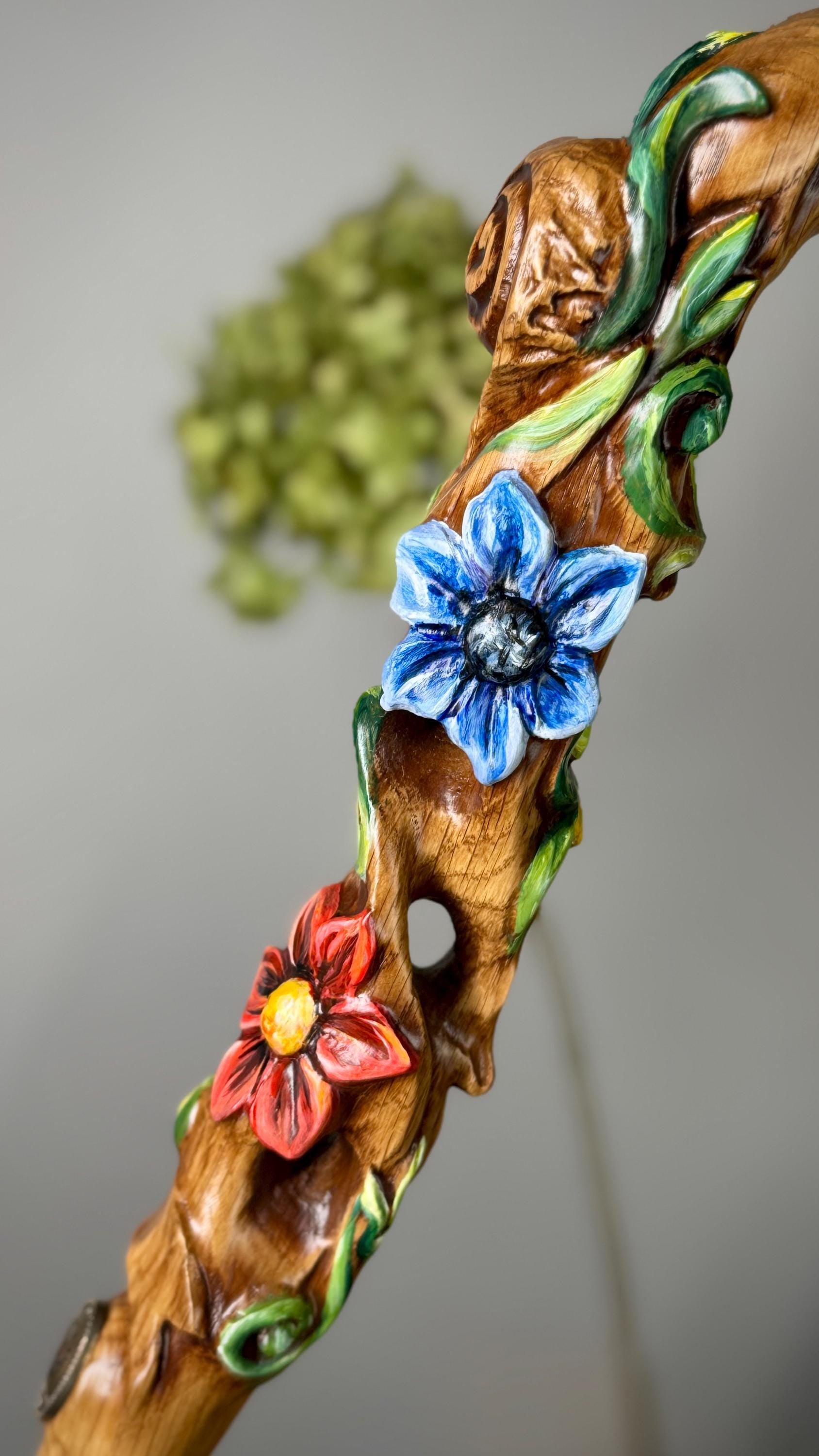 Hand painted Walking cane - Flower field, Elegant light wood hand carved Walking Stick - GCArtis - Luxe Hand Painted Canes - Wood, Wooden