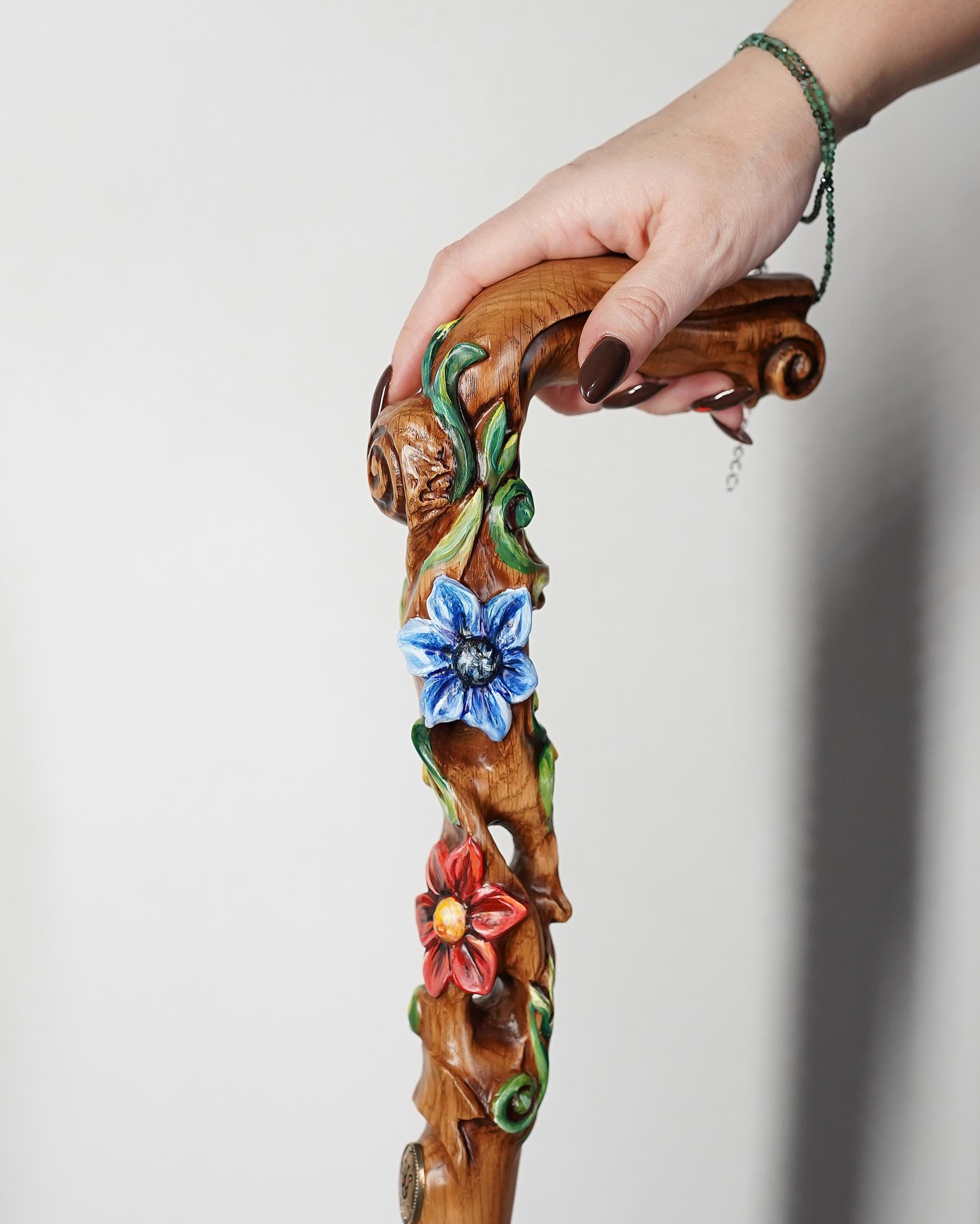 Hand painted Walking cane - Flower field, Elegant light wood hand carved Walking Stick - GCArtis - Luxe Hand Painted Canes - Wood, Wooden