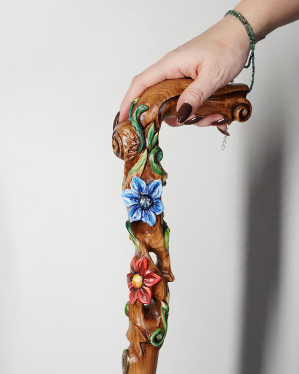 Hand painted Walking cane - Flower field, Elegant light wood hand carved Walking Stick - GCArtis - Luxe Hand Painted Canes - Wood, Wooden