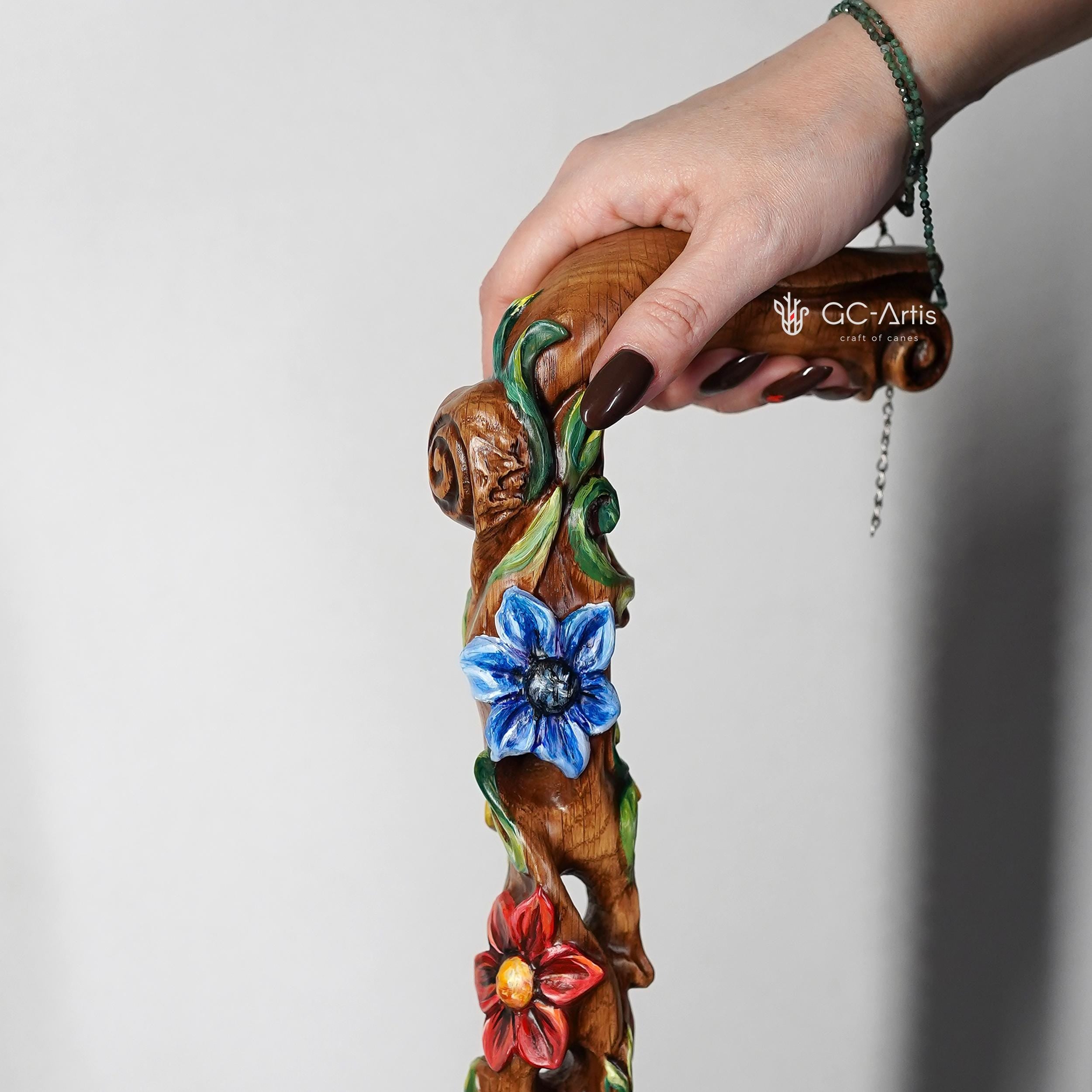 Hand painted Walking cane - Flower field, Elegant light wood hand carved Walking Stick - GCArtis - Luxe Hand Painted Canes - Wood, Wooden