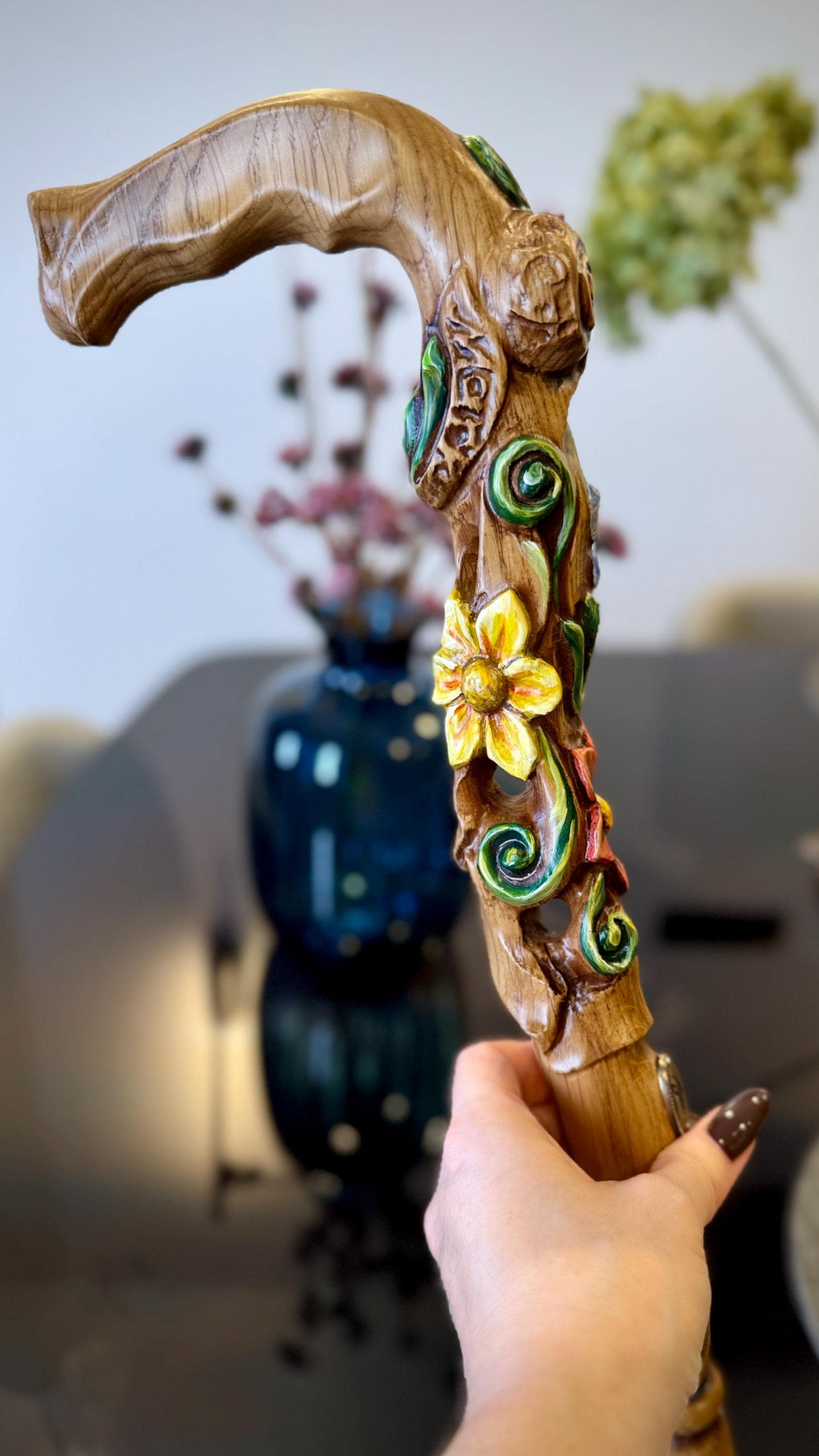 Hand painted Walking cane - Flower field, Elegant light wood hand carved Walking Stick - GCArtis - Luxe Hand Painted Canes - Wood, Wooden