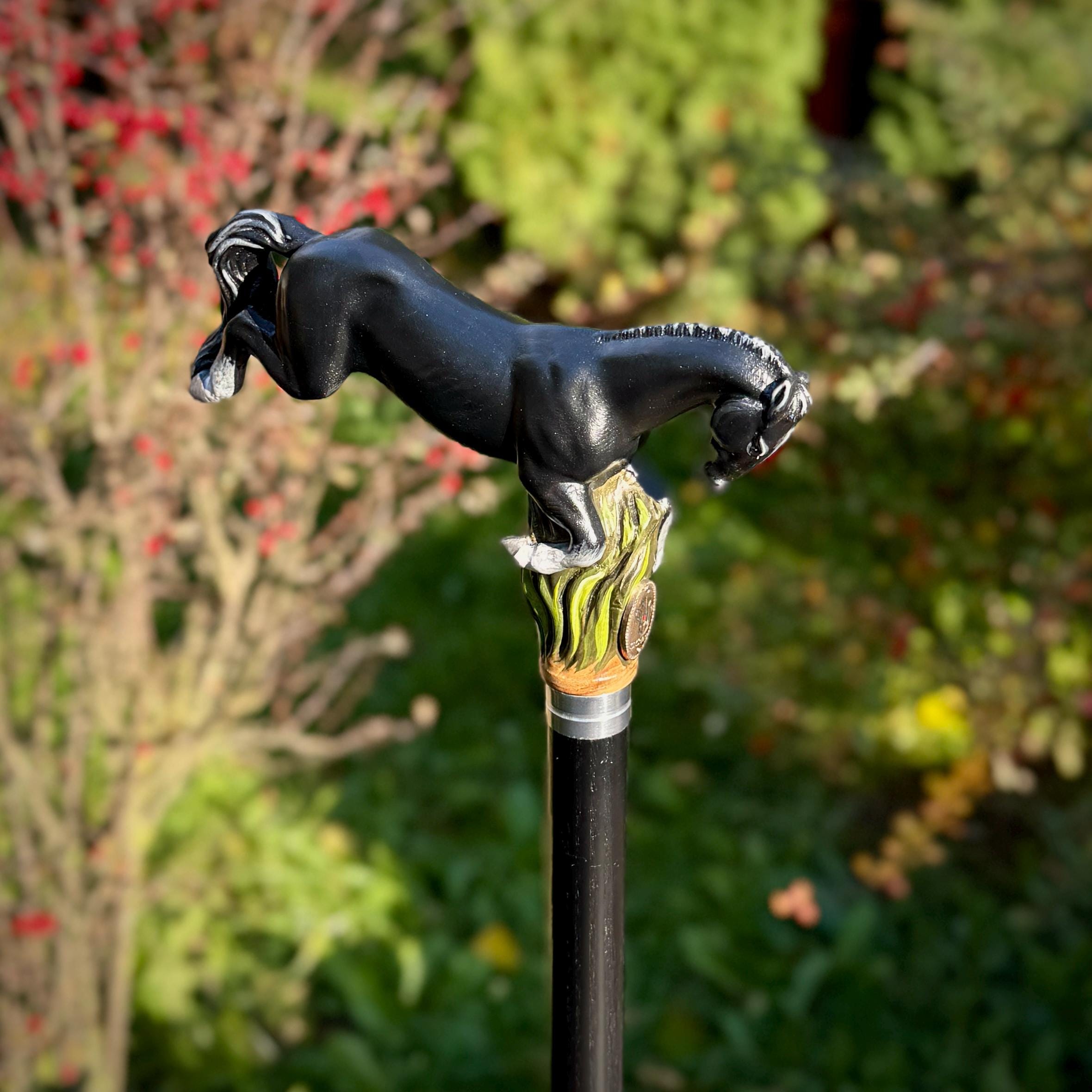 Hand Carved Horse Walking Cane – Black Painted Ash Wood Hiking Stick - GCArtis - Luxe Hand Painted Canes - wood, wooden, solid wood, hard wood, metal