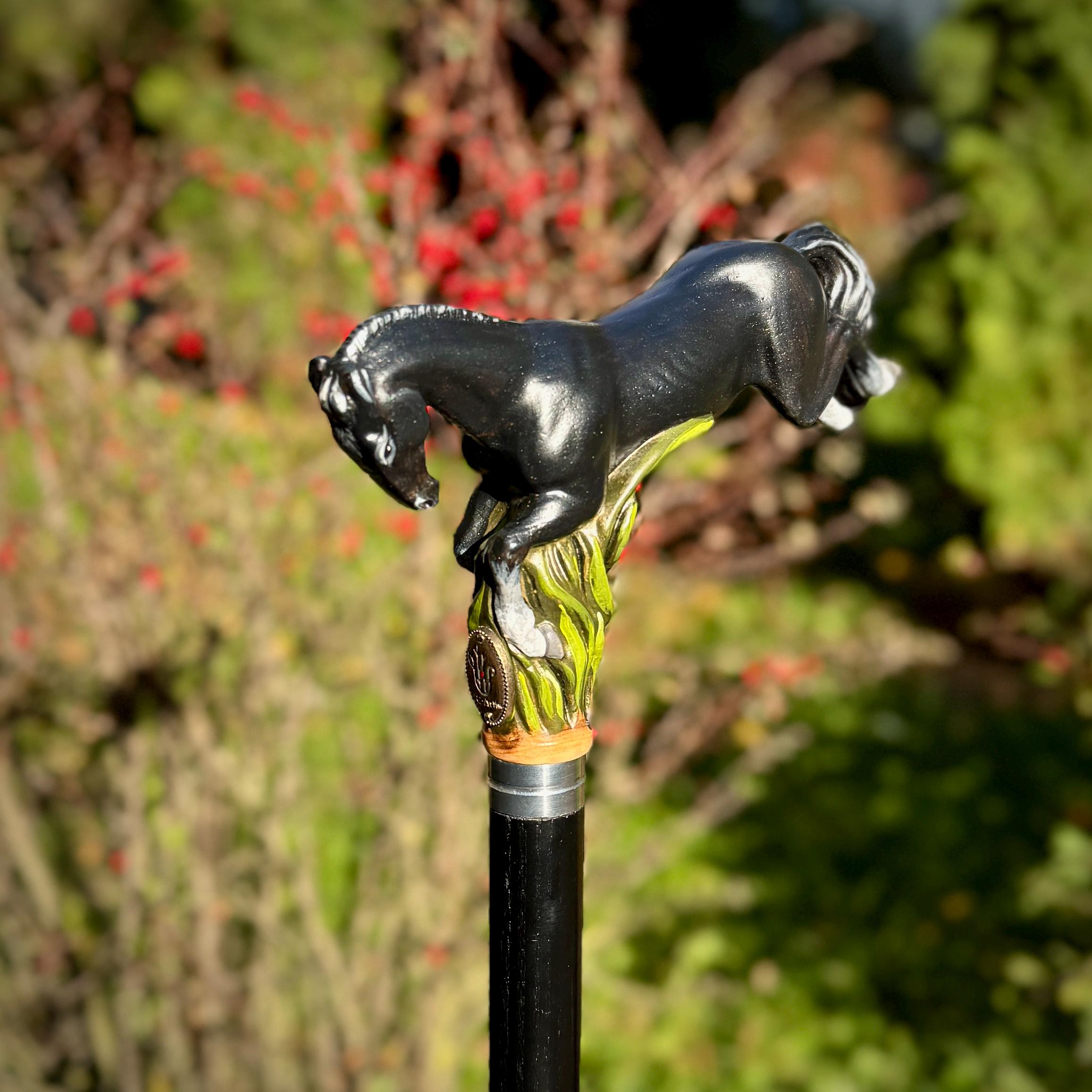 Hand Carved Horse Walking Cane – Black Painted Ash Wood Hiking Stick - GCArtis - Luxe Hand Painted Canes - wood, wooden, solid wood, hard wood, metal