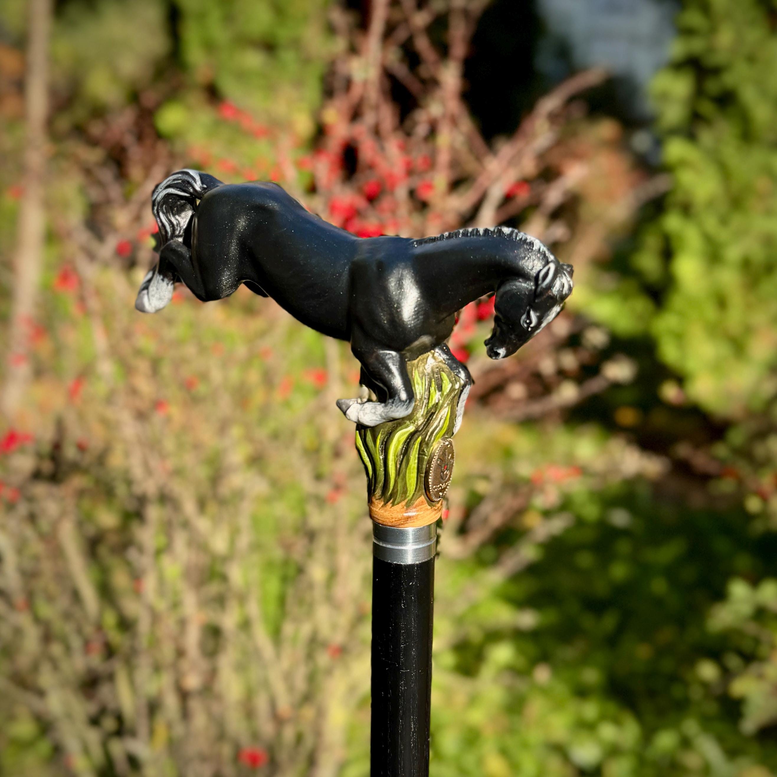 Hand Carved Horse Walking Cane – Black Painted Ash Wood Hiking Stick - GCArtis - Luxe Hand Painted Canes - wood, wooden, solid wood, hard wood, metal