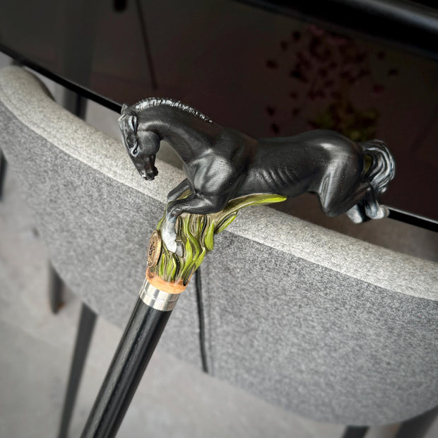 Hand Carved Horse Walking Cane – Black Painted Ash Wood Hiking Stick - GCArtis - Luxe Hand Painted Canes - wood, wooden, solid wood, hard wood, metal