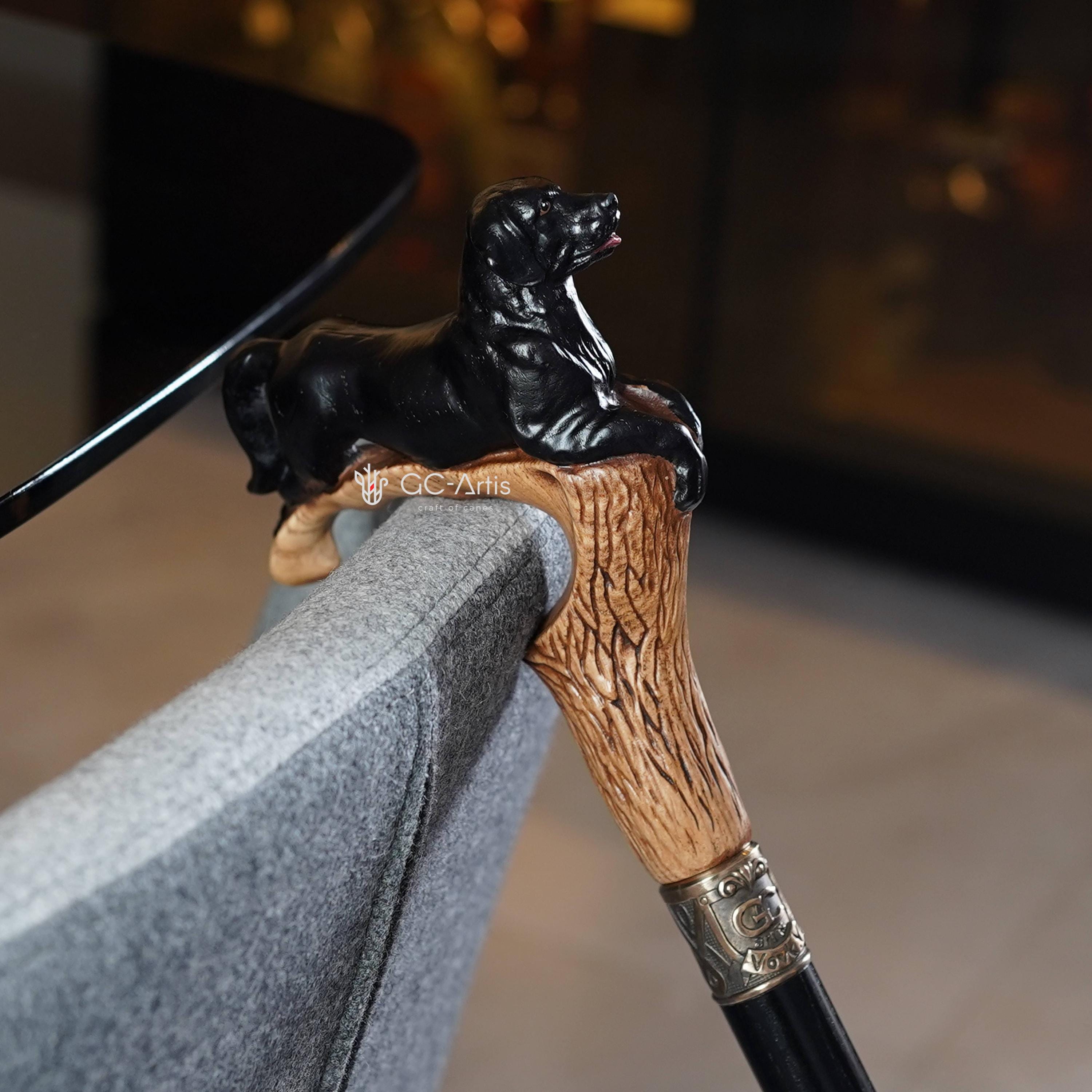 Black Labrador retriever walking canes - Light Walking Stick - wood carved present for dog lovers - GCArtis - Luxe Hand Painted Canes - Wood, wooden, brass, bronze, metal