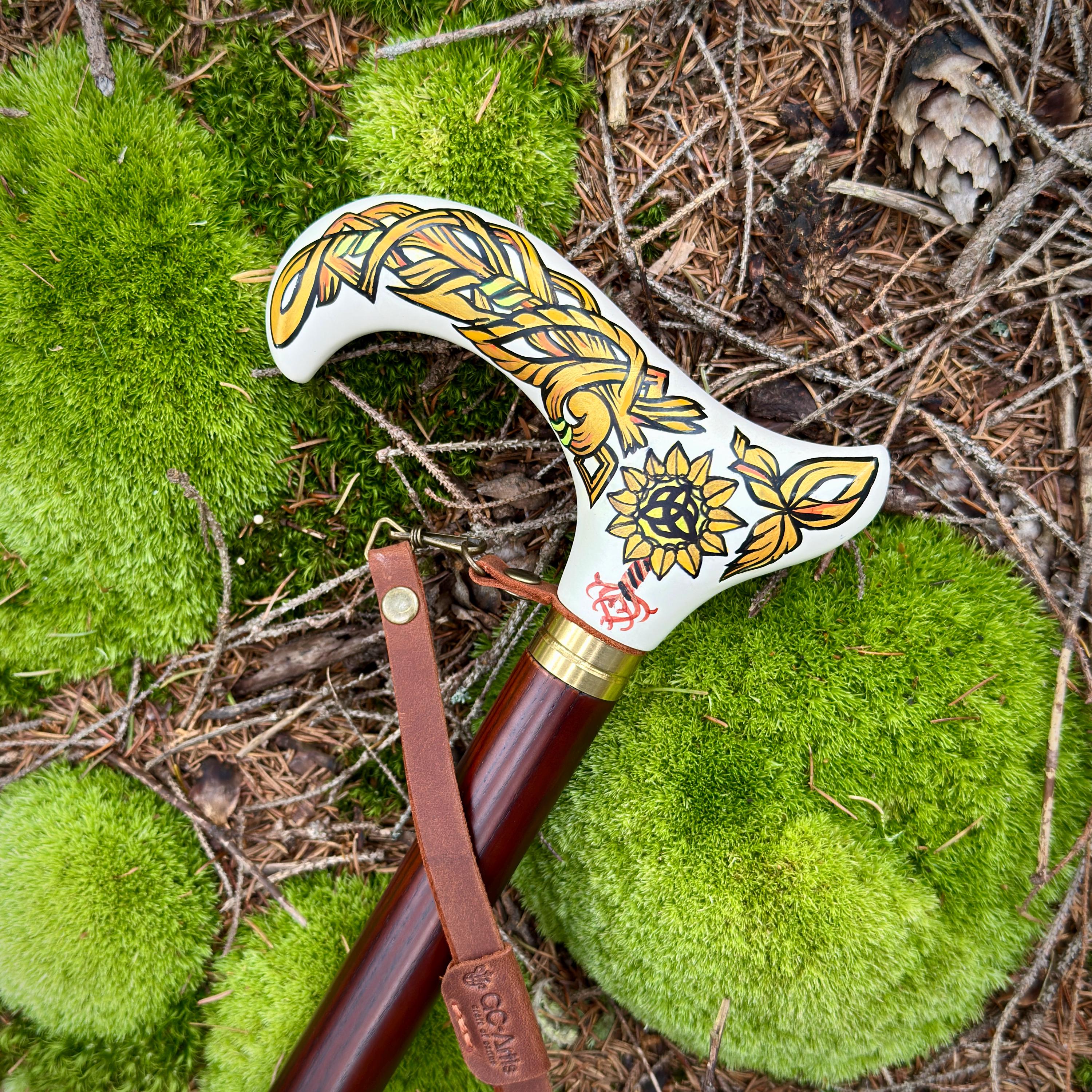 Celtic Walking Stick - Tree of Life trinity knot – Wooden Cane, Brass decor, Derby Handle - GCArtis - Classic Wooden Canes - Bronze, wood