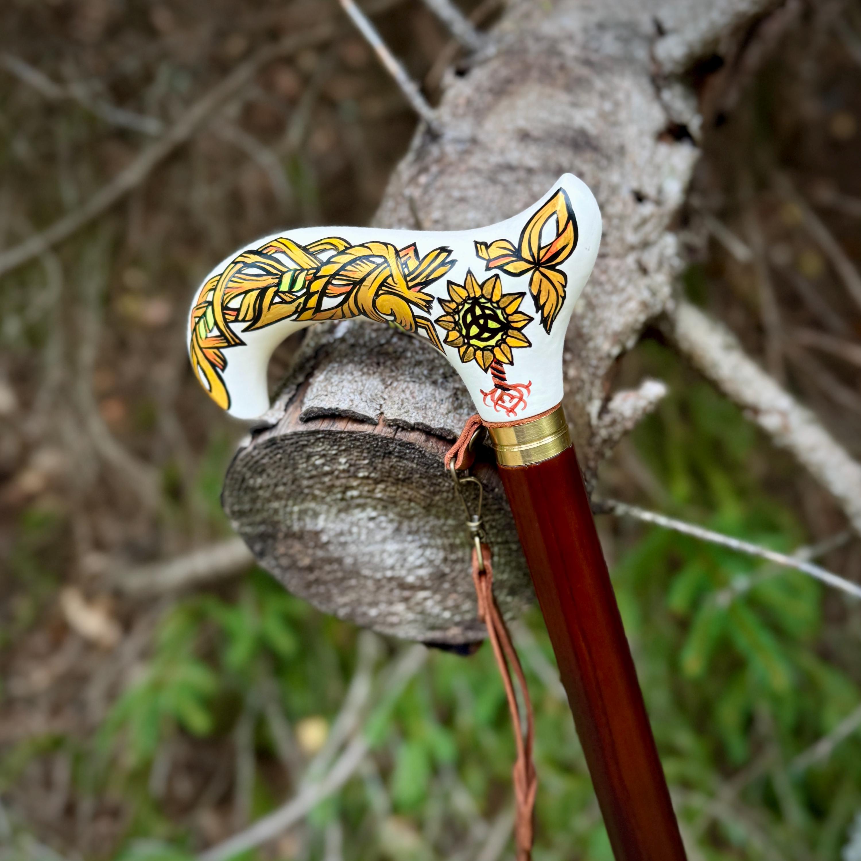 Celtic Walking Stick - Tree of Life trinity knot – Wooden Cane, Brass decor, Derby Handle - GCArtis - Classic Wooden Canes - Bronze, wood