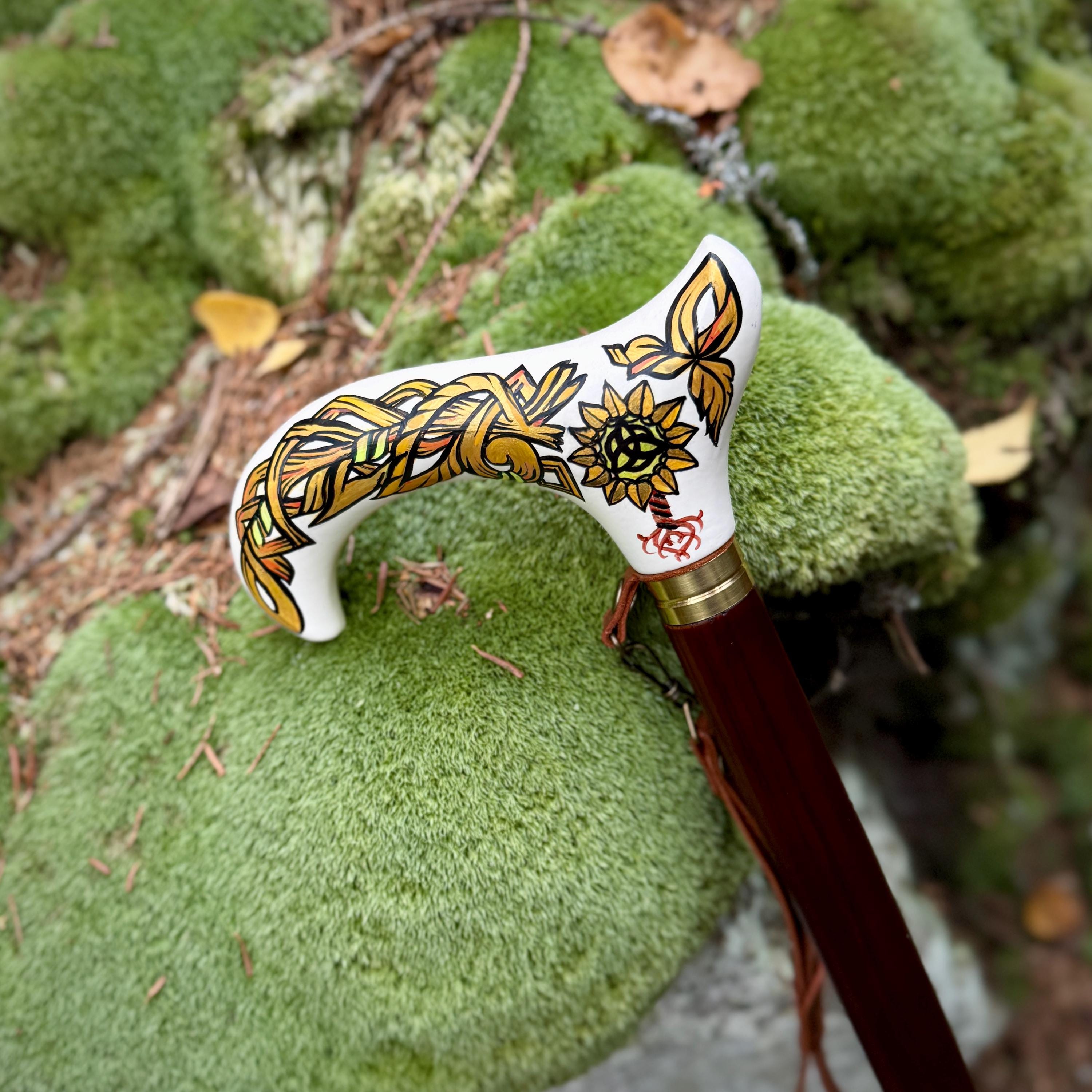 Celtic Walking Stick - Tree of Life trinity knot – Wooden Cane, Brass decor, Derby Handle - GCArtis - Classic Wooden Canes - Bronze, wood