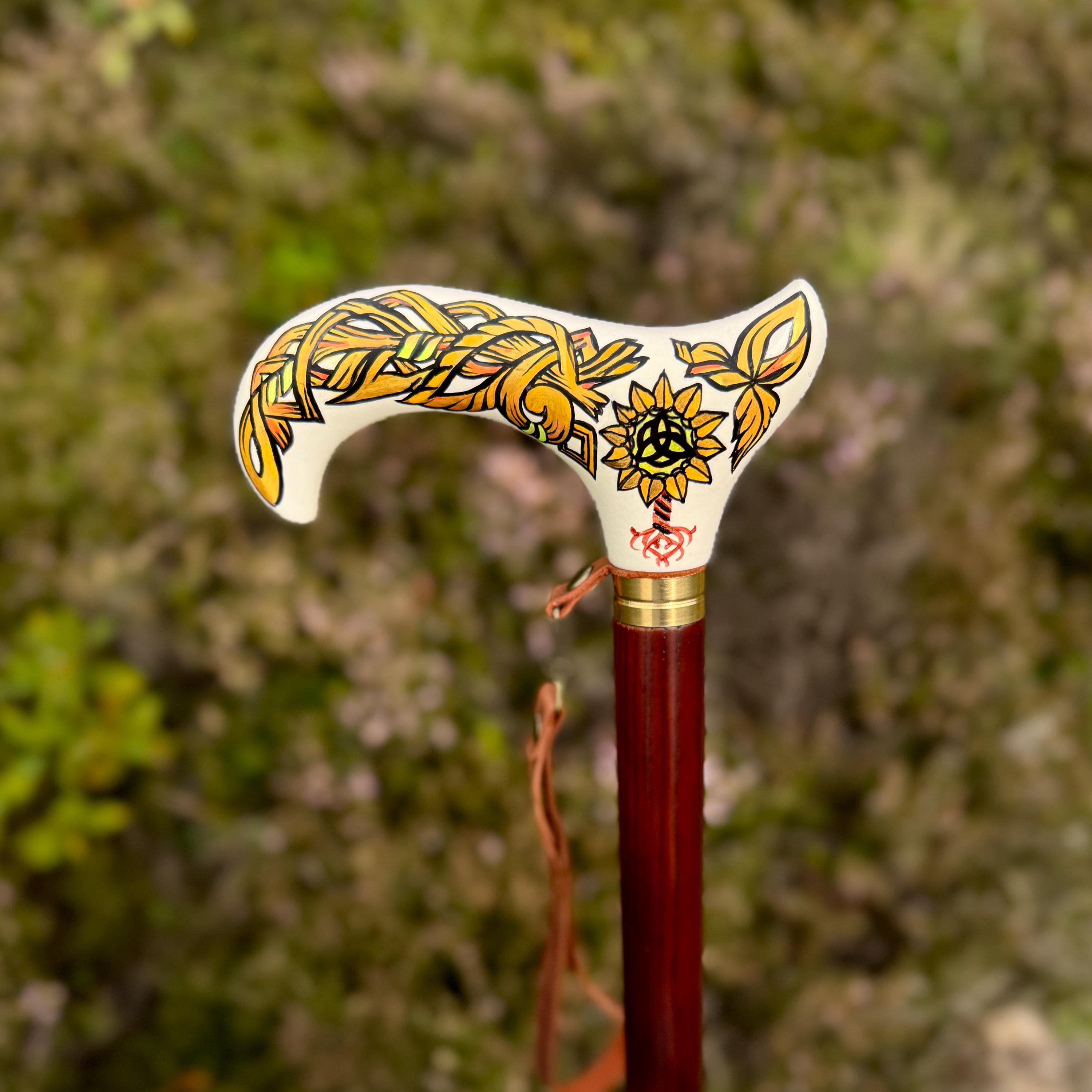 Celtic Walking Stick - Tree of Life trinity knot – Wooden Cane, Brass decor, Derby Handle - GCArtis - Classic Wooden Canes - Bronze, wood