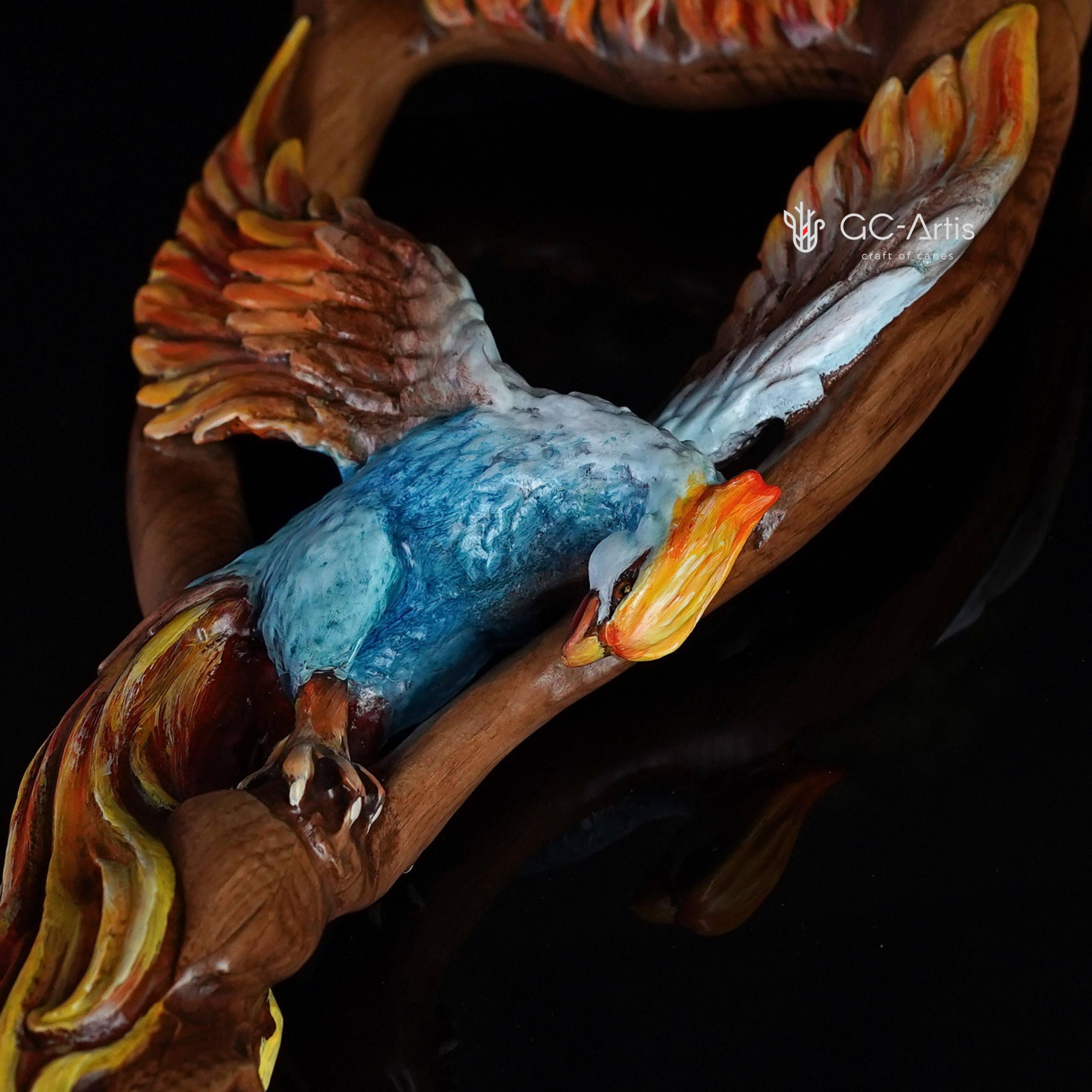 Fiery Phoenix bird Walking stick cane - Handcarved & handpainted Wooden staff in fantasy style - GCArtis - Luxe Hand Painted Canes - wood, Glass Crystalls, Metal
