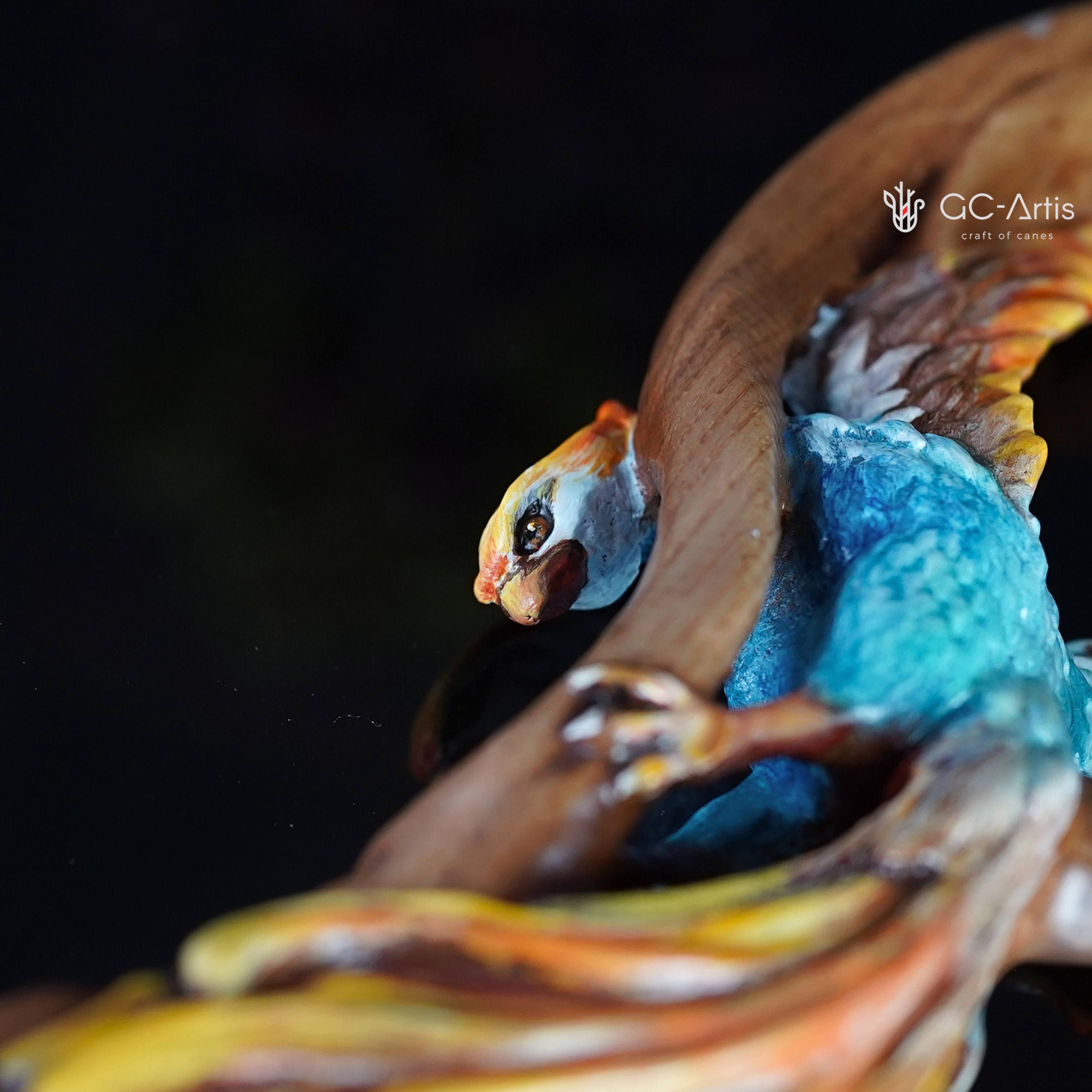 Fiery Phoenix bird Walking stick cane - Handcarved & handpainted Wooden staff in fantasy style - GCArtis - Luxe Hand Painted Canes - wood, Glass Crystalls, Metal