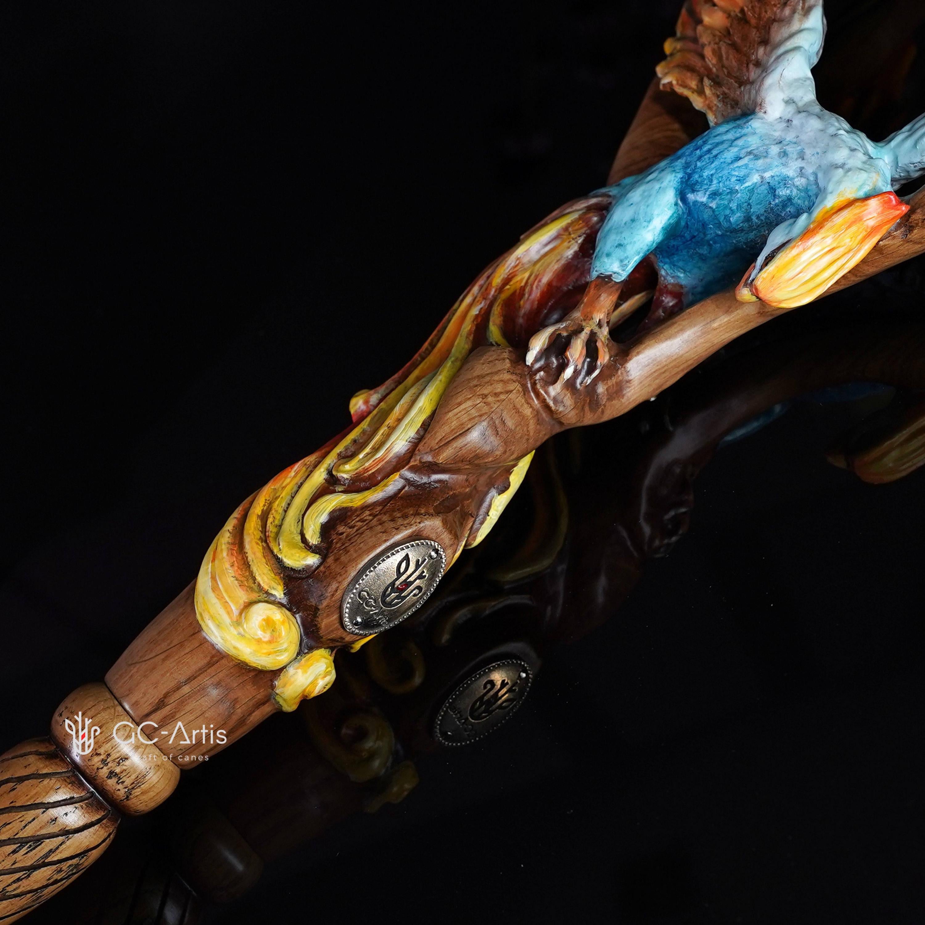 Fiery Phoenix bird Walking stick cane - Handcarved & handpainted Wooden staff in fantasy style - GCArtis - Luxe Hand Painted Canes - wood, Glass Crystalls, Metal