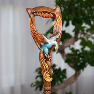 Fiery Phoenix bird Walking stick cane - Handcarved & handpainted Wooden staff in fantasy style - GCArtis - Luxe Hand Painted Canes - wood, Glass Crystalls, Metal