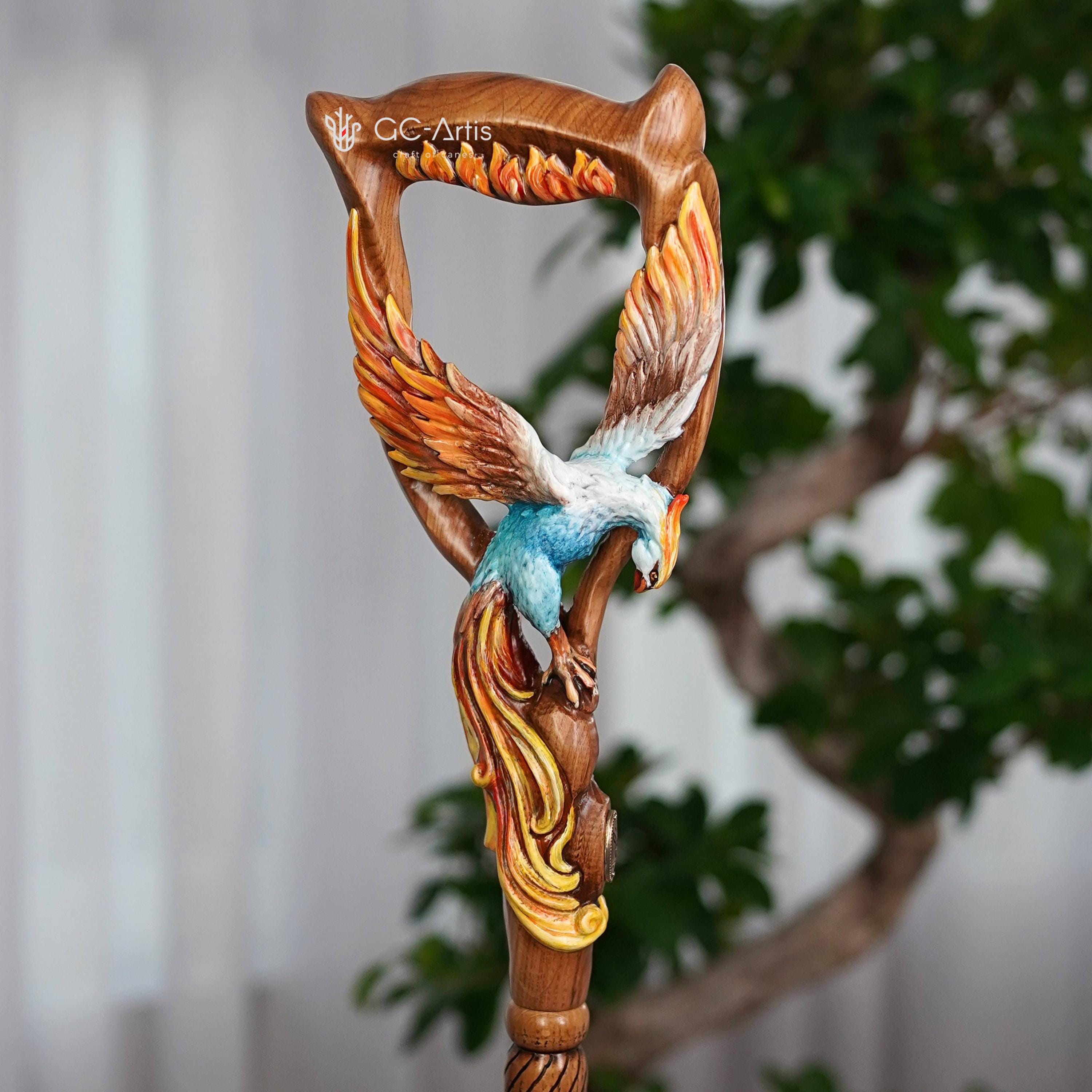 Fiery Phoenix bird Walking stick cane - Handcarved & handpainted Wooden staff in fantasy style - GCArtis - Luxe Hand Painted Canes - wood, Glass Crystalls, Metal