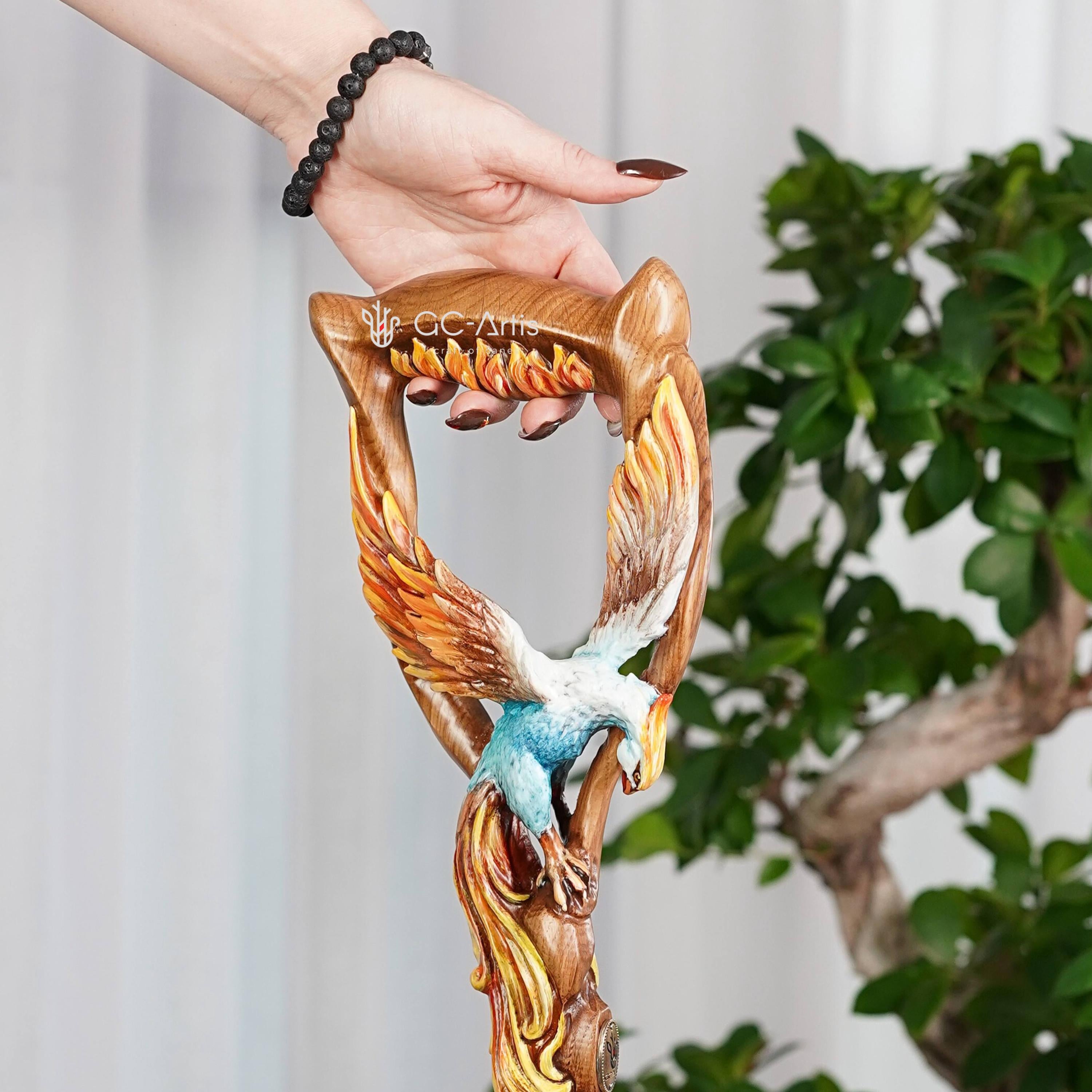 Fiery Phoenix bird Walking stick cane - Handcarved & handpainted Wooden staff in fantasy style - GCArtis - Luxe Hand Painted Canes - wood, Glass Crystalls, Metal