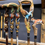 Fiery Phoenix bird Walking stick cane - Handcarved & handpainted Wooden staff in fantasy style - GCArtis - Luxe Hand Painted Canes - wood, Glass Crystalls, Metal