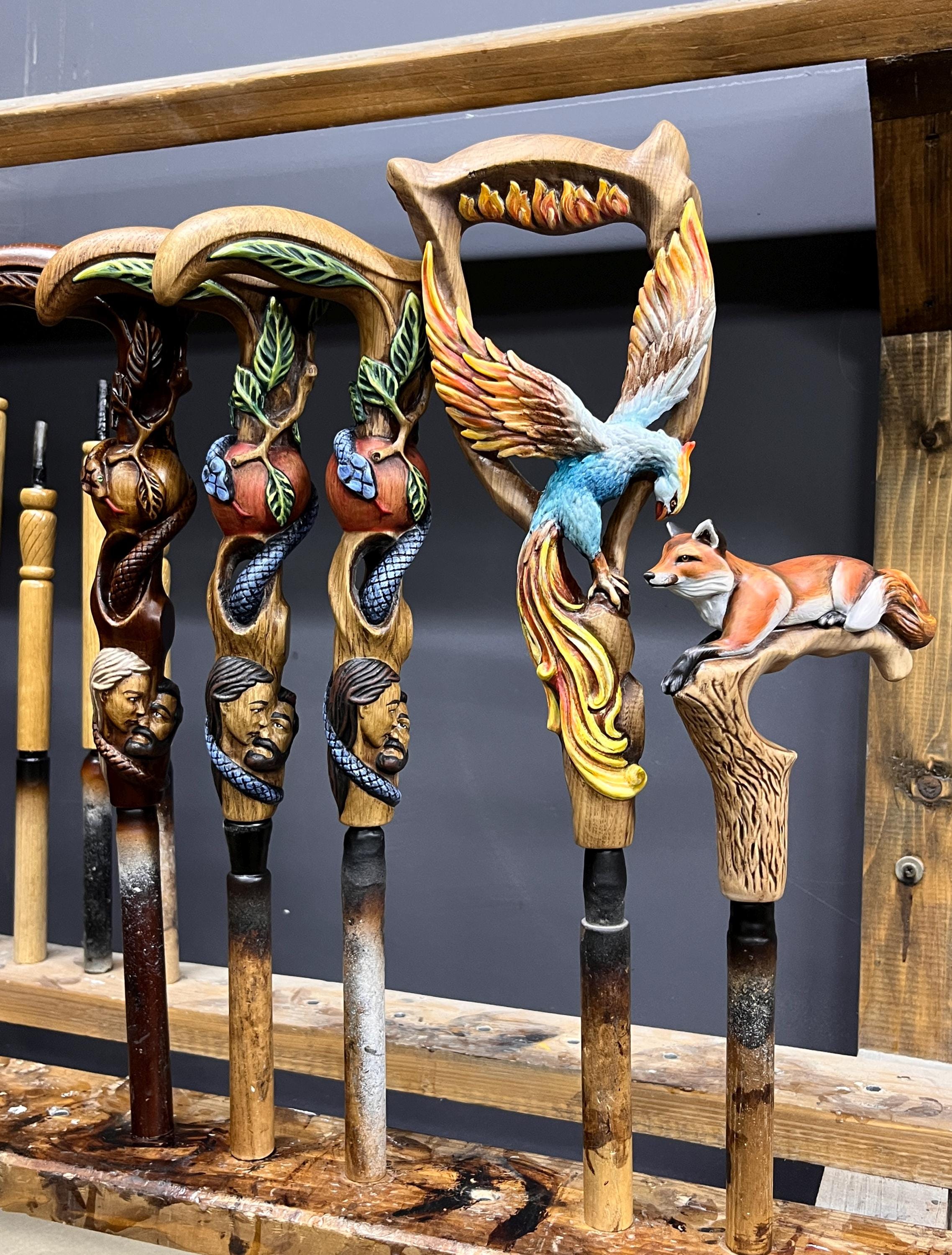 Fiery Phoenix bird Walking stick cane - Handcarved & handpainted Wooden staff in fantasy style - GCArtis - Luxe Hand Painted Canes - wood, Glass Crystalls, Metal