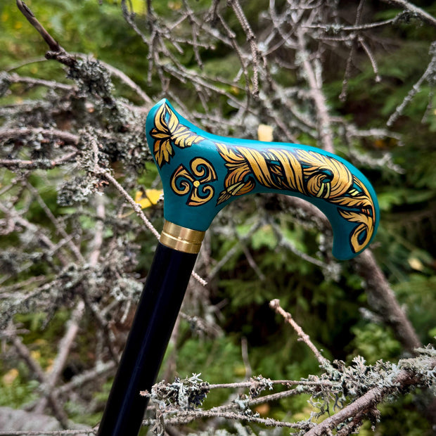 Celtic Walking Stick – blue Hand Painted Wooden Cane, Triskelion Derby Handle – 36" - GCArtis - Classic Wooden Canes - Bronze, wood