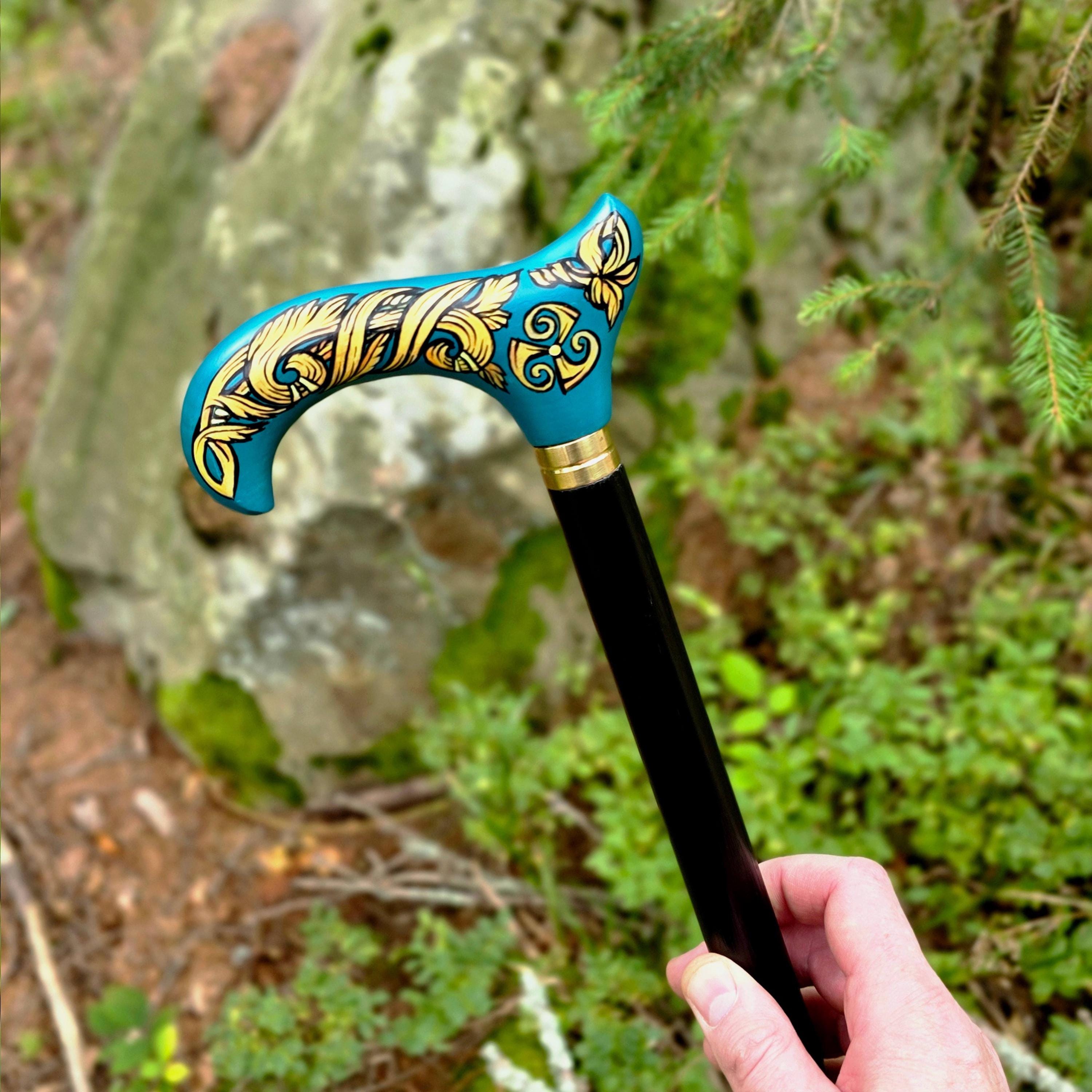 Celtic Walking Stick – blue Hand Painted Wooden Cane, Triskelion Derby Handle – 36