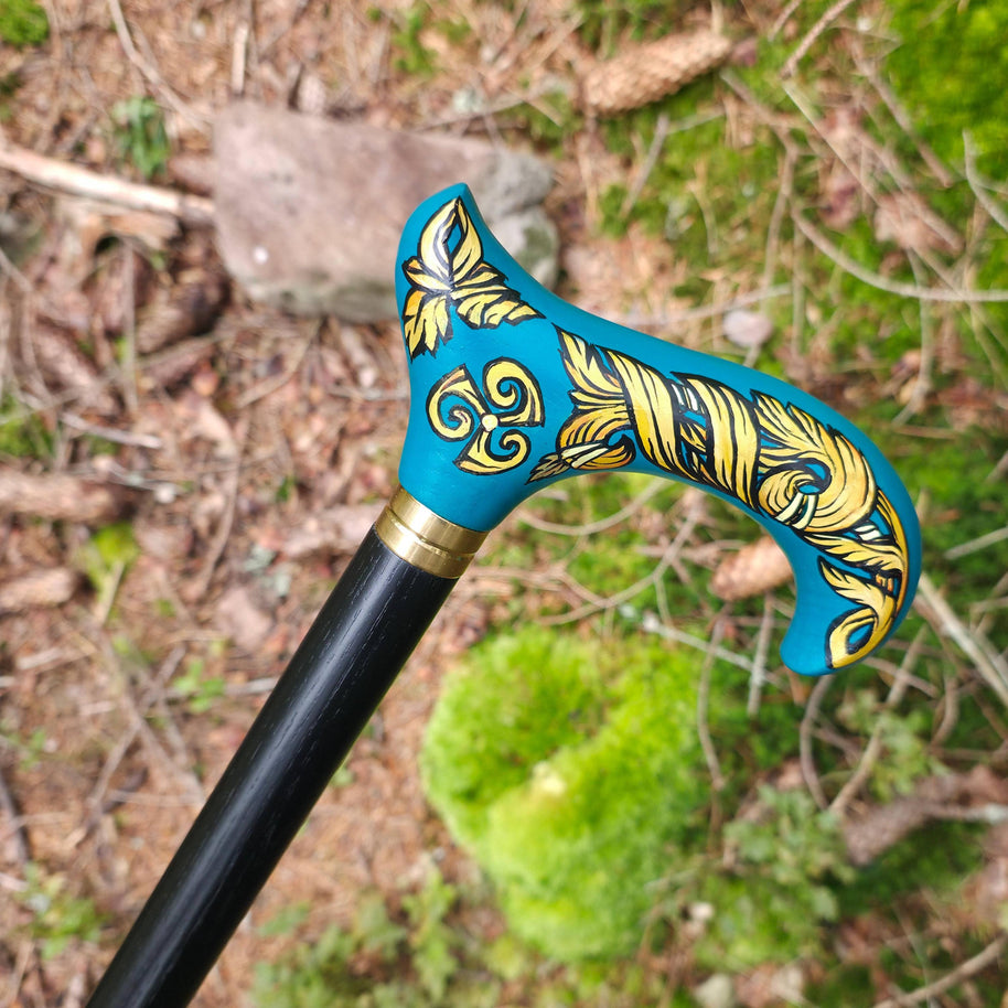 Celtic Walking Stick – blue Hand Painted Wooden Cane, Triskelion Derby Handle – 36