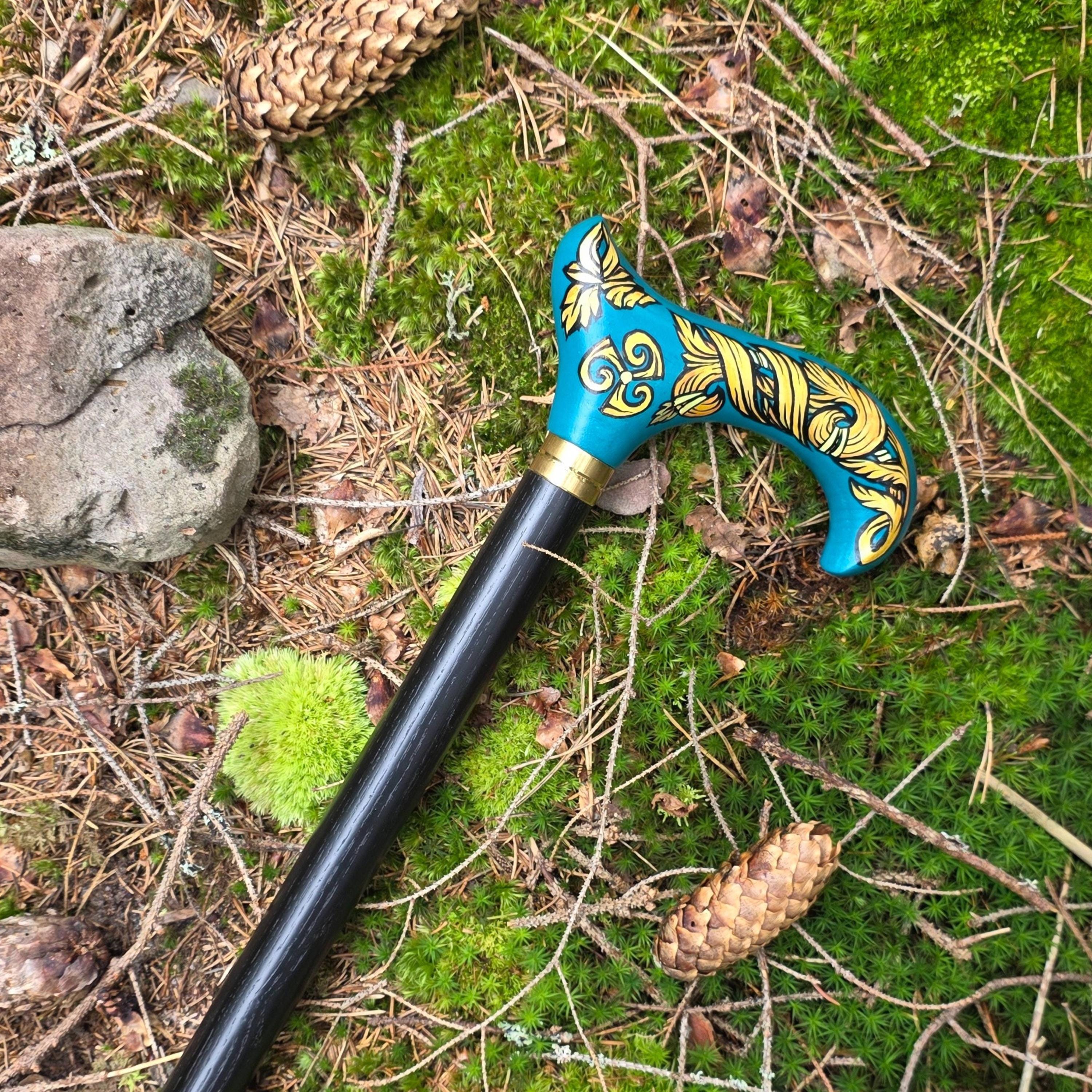 Celtic Walking Stick – blue Hand Painted Wooden Cane, Triskelion Derby Handle – 36