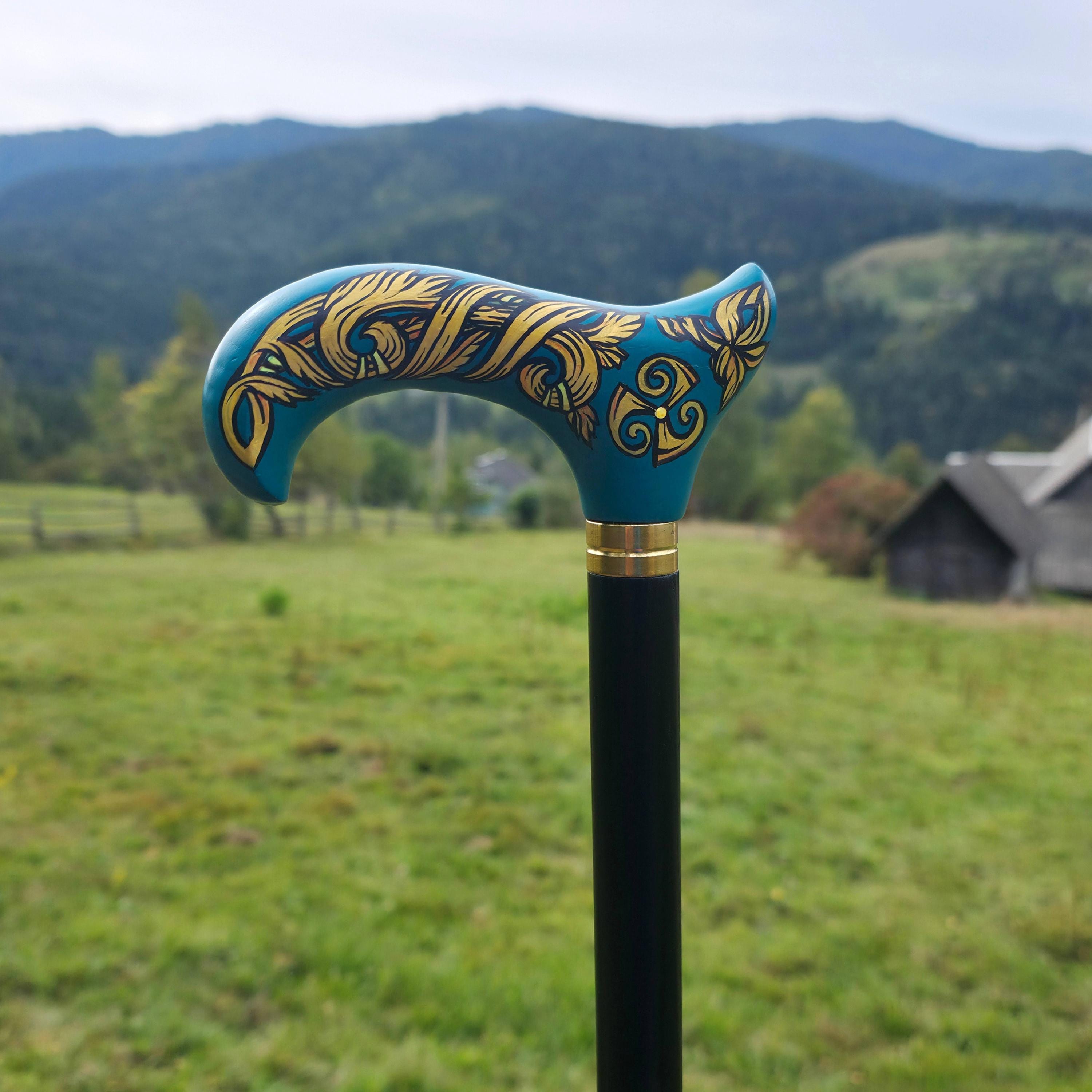Celtic Walking Stick – blue Hand Painted Wooden Cane, Triskelion Derby Handle – 36