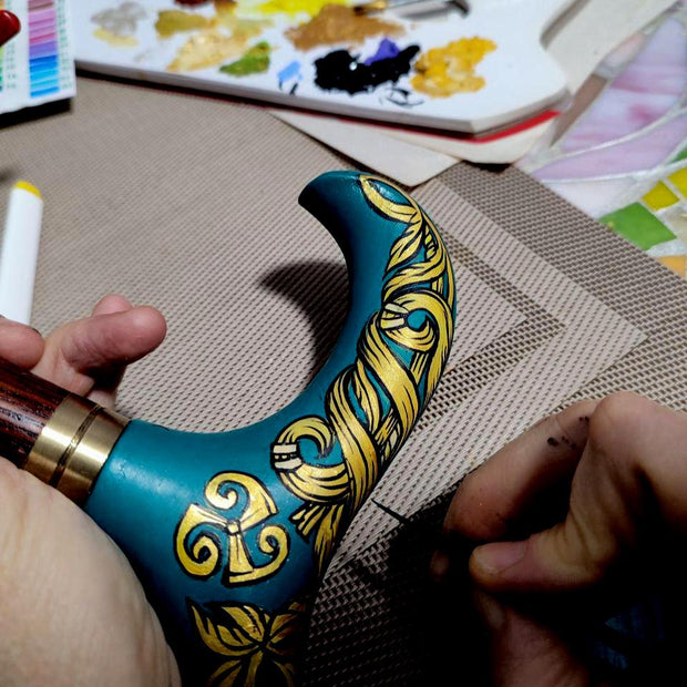 Celtic Walking Stick – blue Hand Painted Wooden Cane, Triskelion Derby Handle – 36" - GCArtis - Classic Wooden Canes - Bronze, wood