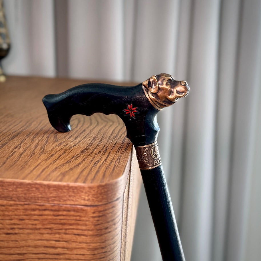 Black Rottweiler Dog Walking Cane - Wooden walking stick for dog lover - GCArtis - Solid Bronze Canes - Wood, Brass, Bronze