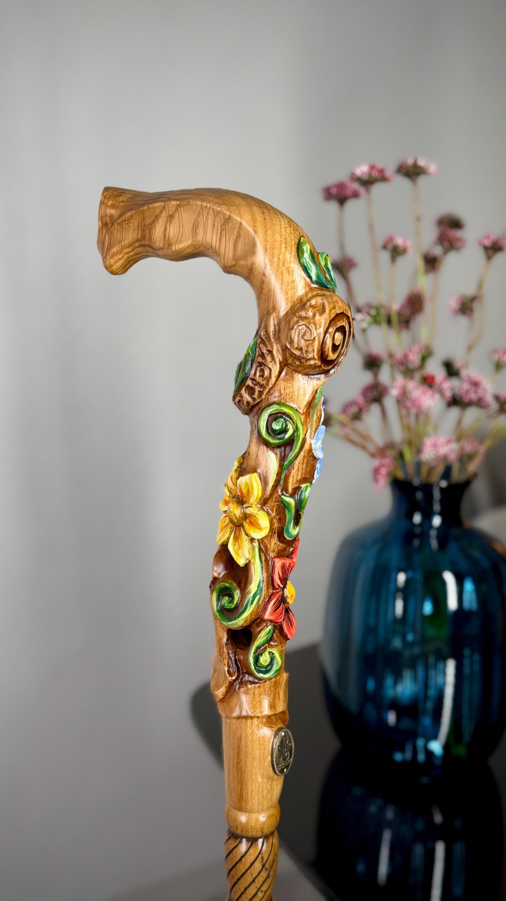 Hand painted Walking cane - Flower field, Elegant light wood hand carved Walking Stick - GCArtis - Luxe Hand Painted Canes - Wood, Wooden