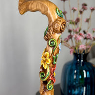 Hand painted Walking cane - Flower field, Elegant light wood hand carved Walking Stick - GCArtis - Luxe Hand Painted Canes - Wood, Wooden