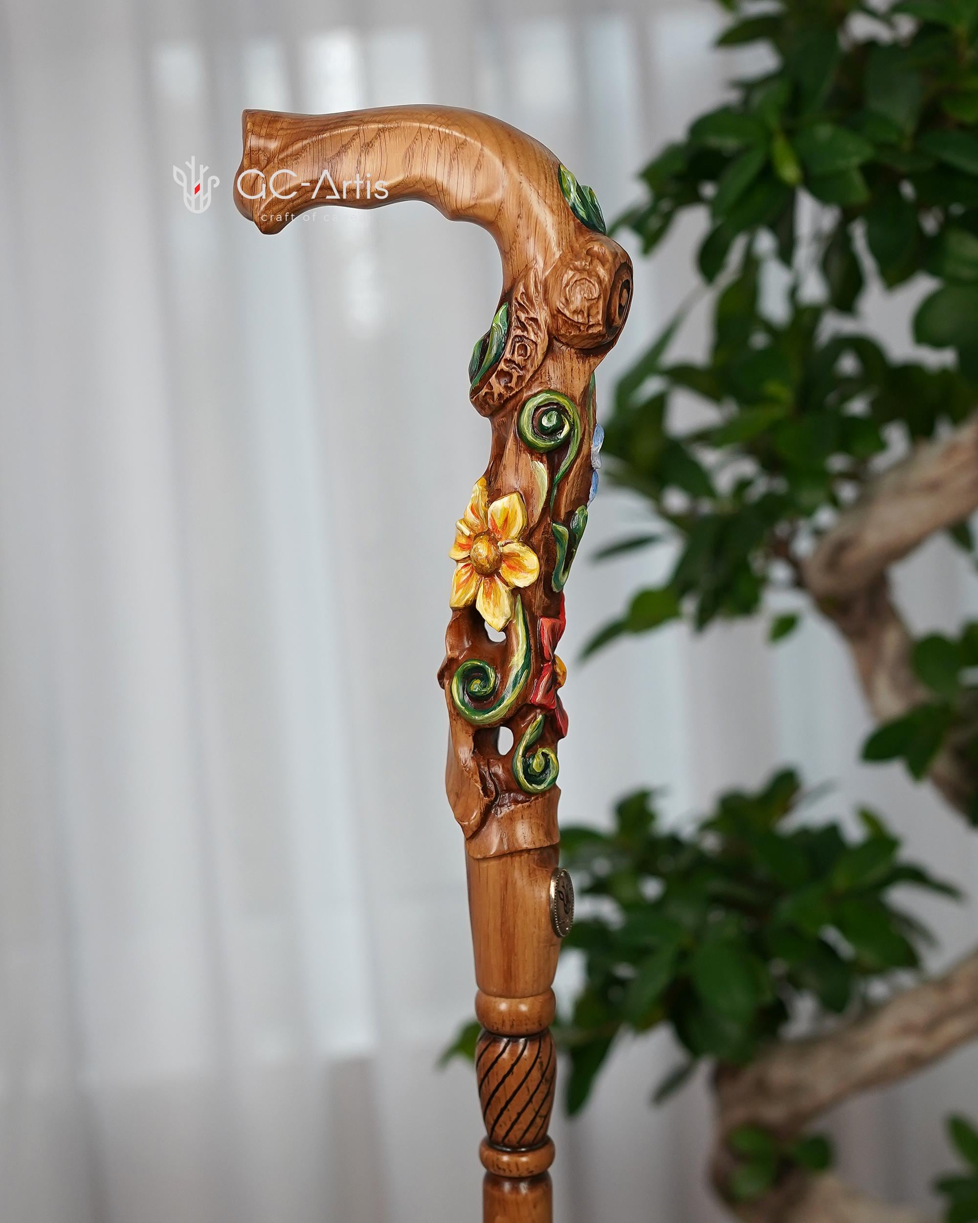 Hand painted Walking cane - Flower field, Elegant light wood hand carved Walking Stick - GCArtis - Luxe Hand Painted Canes - Wood, Wooden