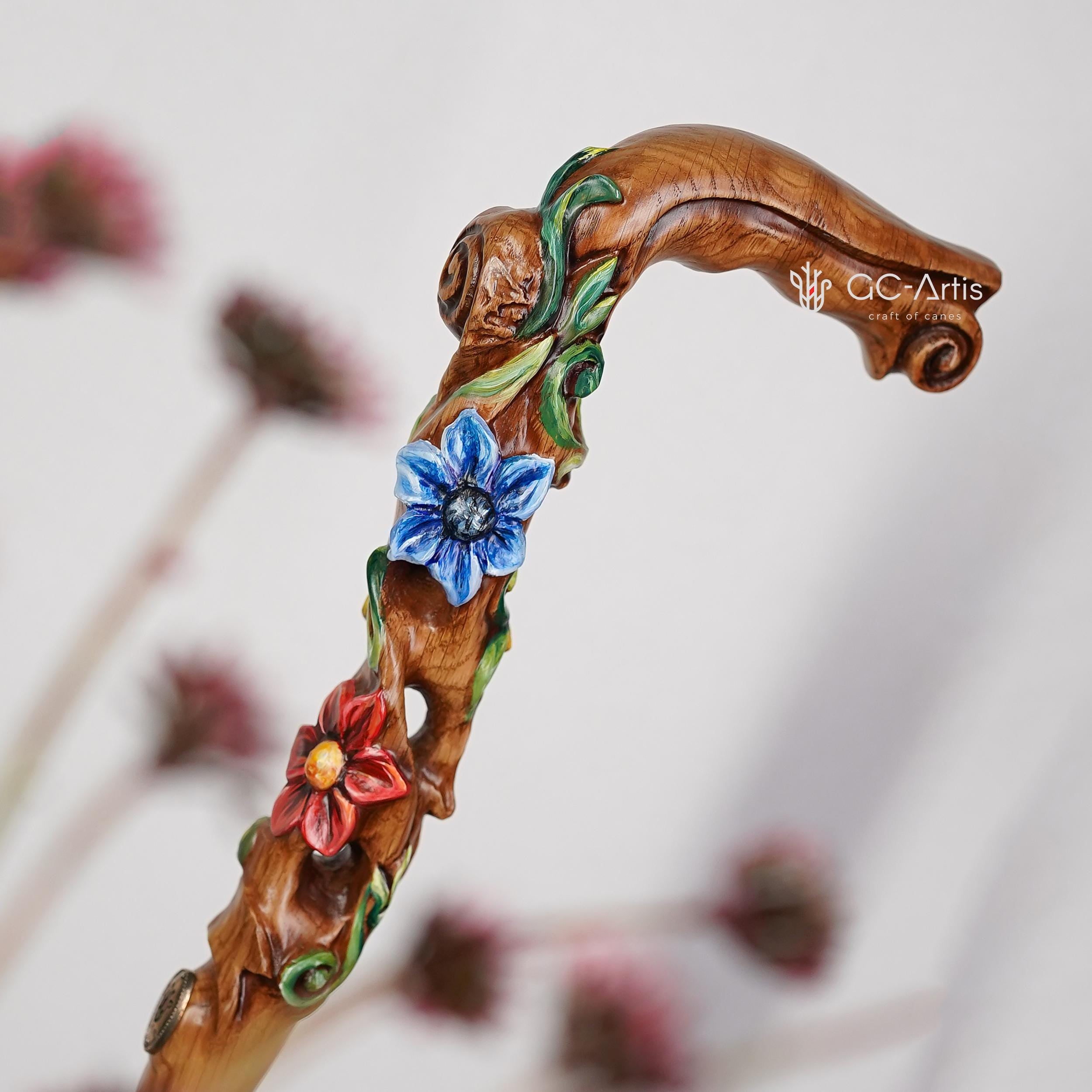 Hand painted Walking cane - Flower field, Elegant light wood hand carved Walking Stick - GCArtis - Luxe Hand Painted Canes - Wood, Wooden