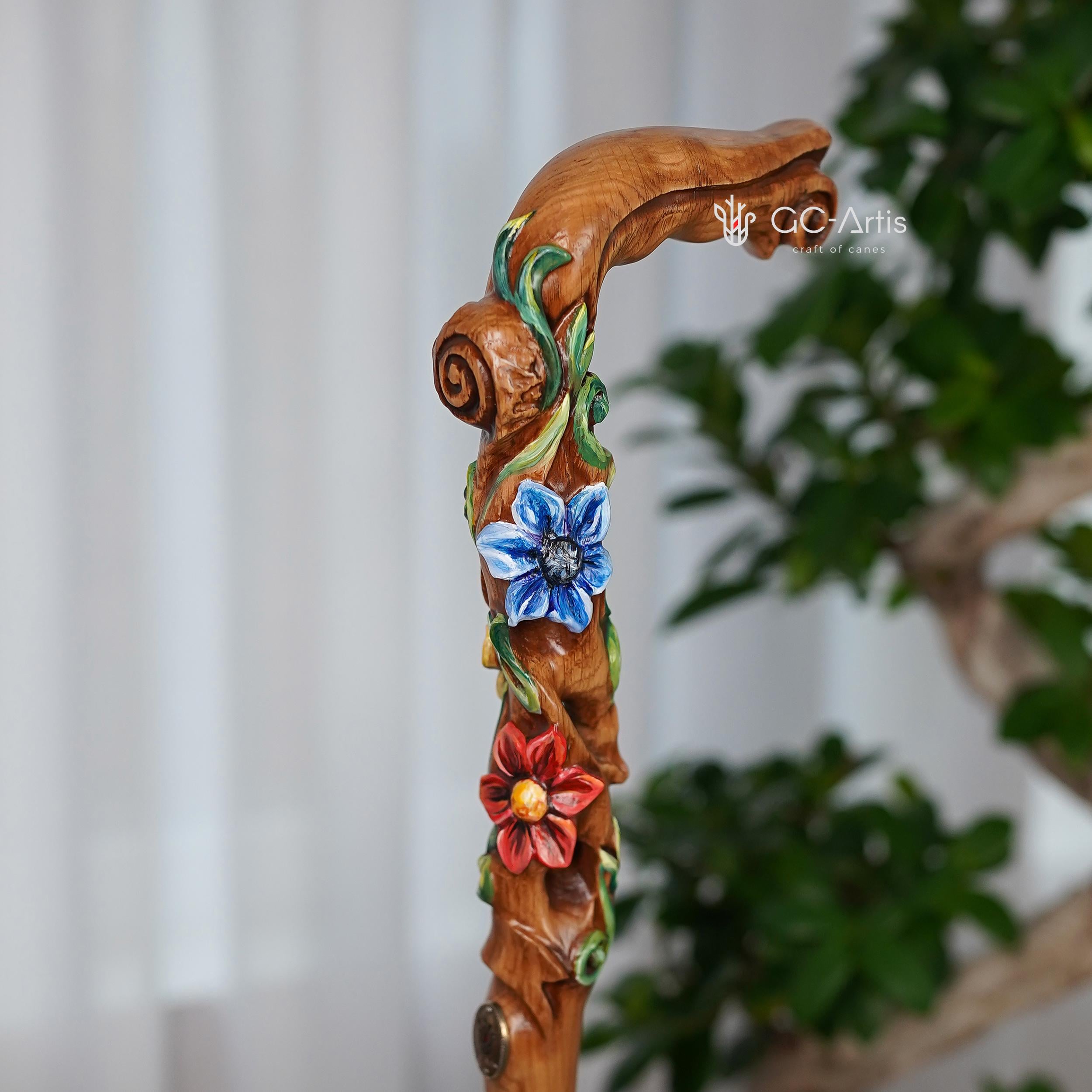 Hand painted Walking cane - Flower field, Elegant light wood hand carved Walking Stick - GCArtis - Luxe Hand Painted Canes - Wood, Wooden