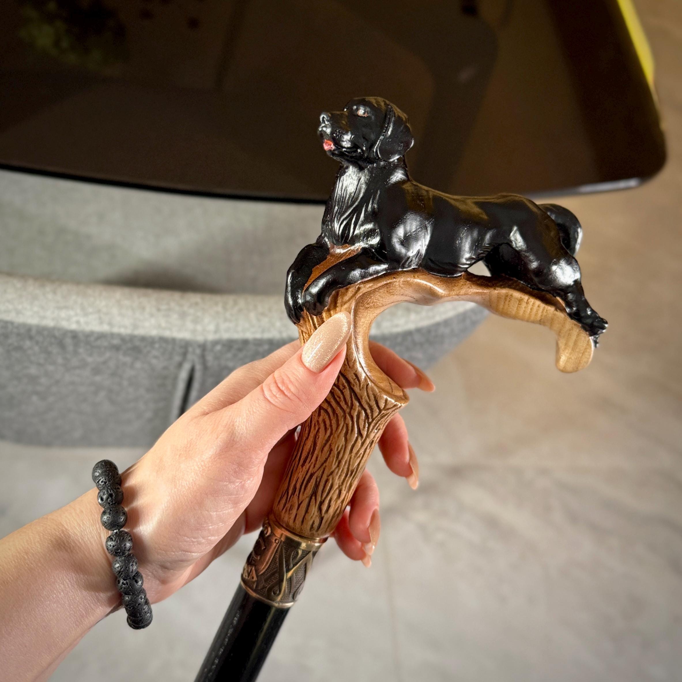 Black Labrador retriever walking canes - Light Walking Stick - wood carved present for dog lovers - GCArtis - Luxe Hand Painted Canes - Wood, wooden, brass, bronze, metal