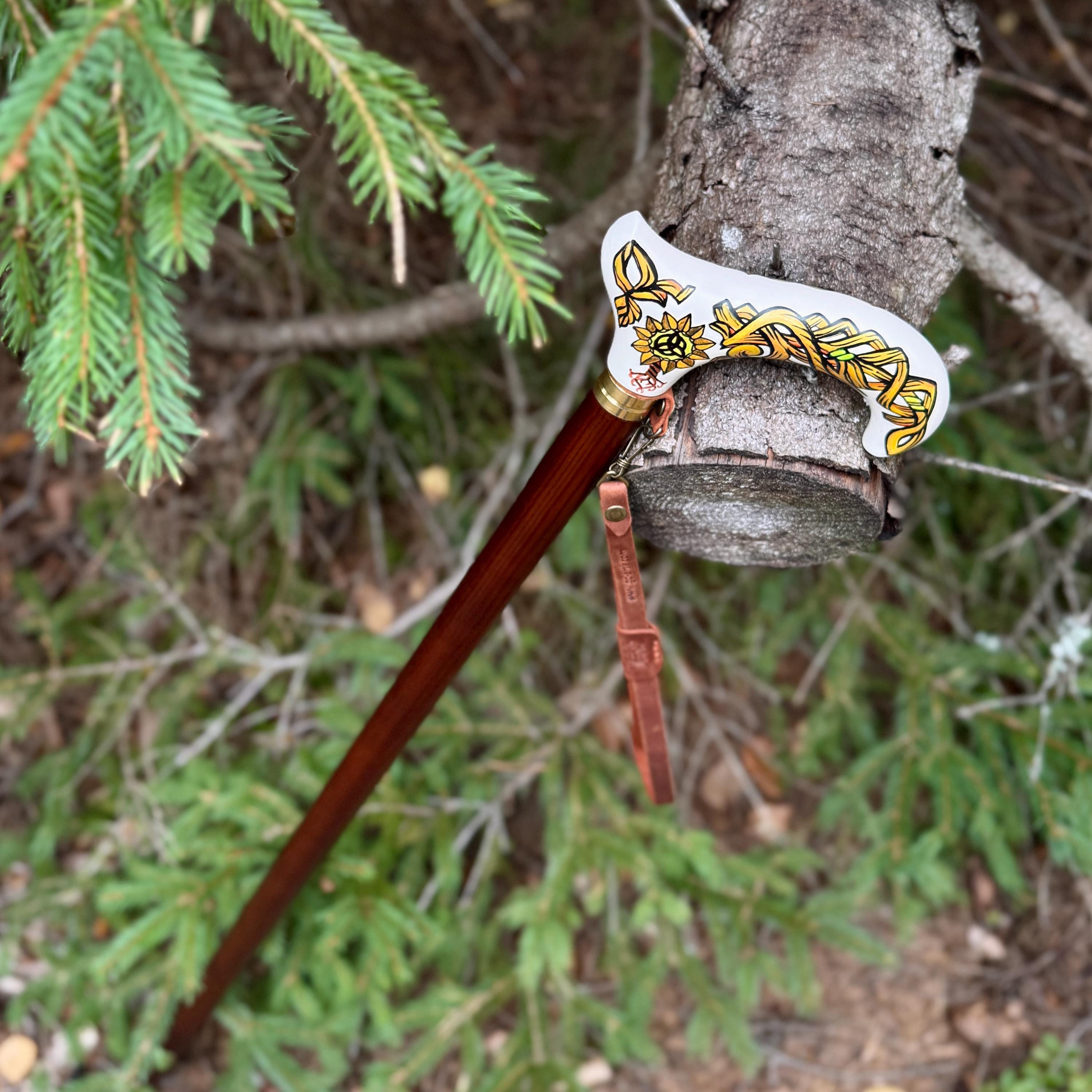 Celtic Walking Stick - Tree of Life trinity knot – Wooden Cane, Brass decor, Derby Handle - GCArtis - Classic Wooden Canes - Bronze, wood