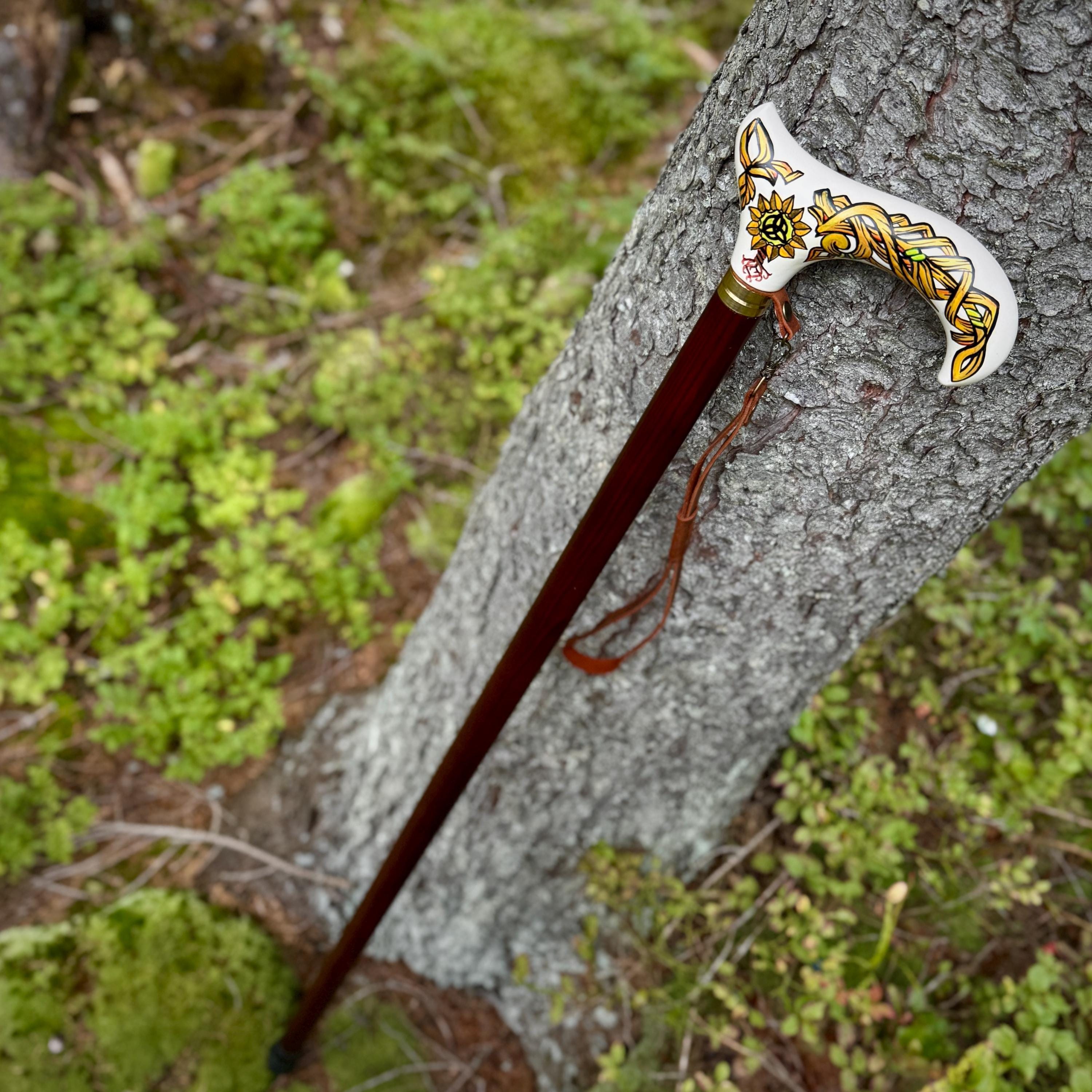 Celtic Walking Stick - Tree of Life trinity knot – Wooden Cane, Brass decor, Derby Handle - GCArtis - Classic Wooden Canes - Bronze, wood