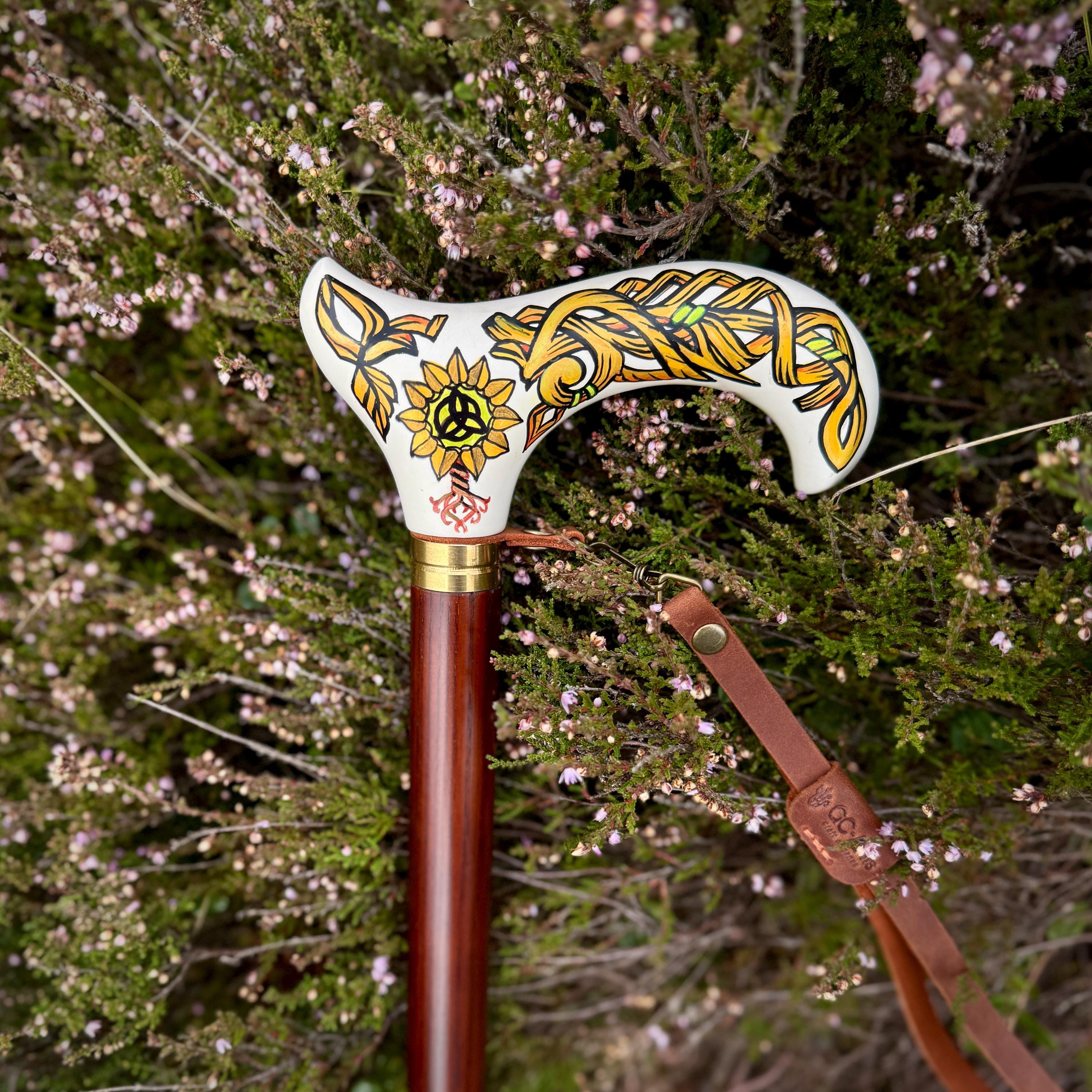 Celtic Walking Stick - Tree of Life trinity knot – Wooden Cane, Brass decor, Derby Handle - GCArtis - Classic Wooden Canes - Bronze, wood