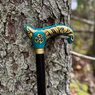Celtic Walking Stick – blue Hand Painted Wooden Cane, Triskelion Derby Handle – 36