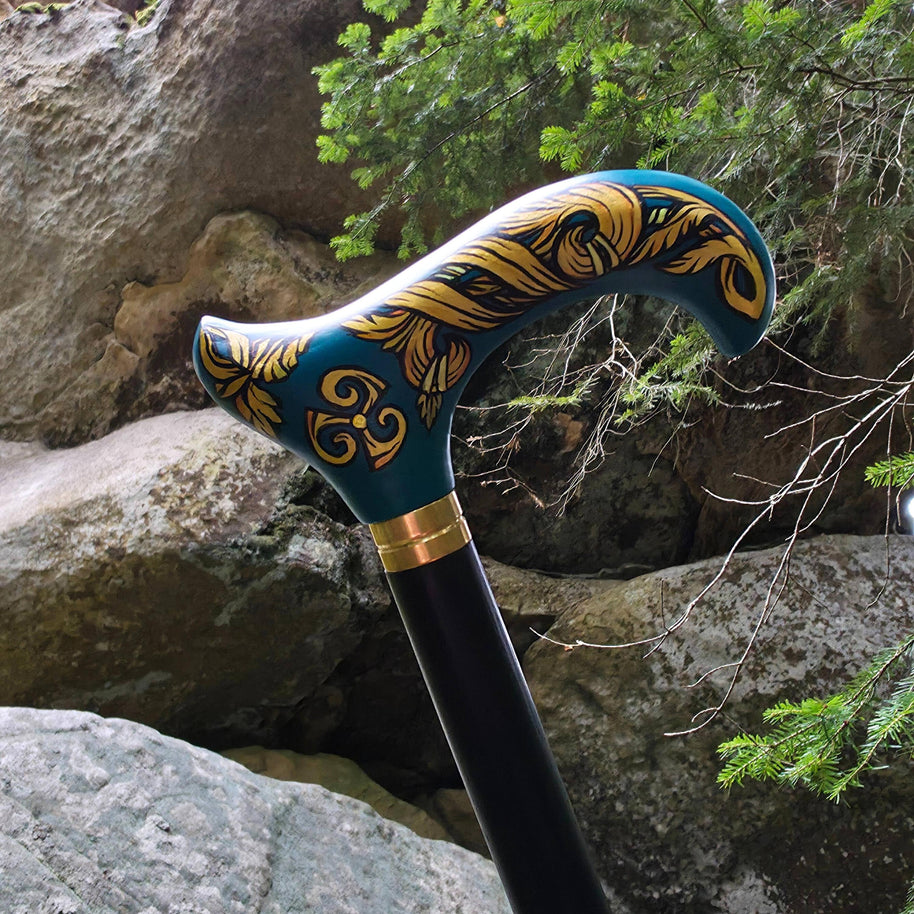 Celtic Walking Stick – blue Hand Painted Wooden Cane, Triskelion Derby Handle – 36