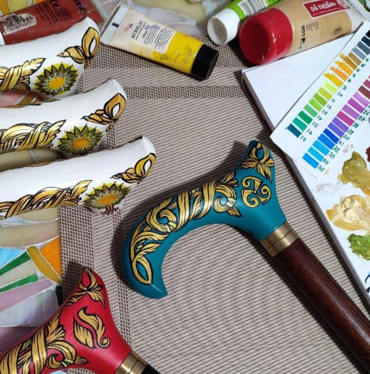 Celtic Walking Stick – blue Hand Painted Wooden Cane, Triskelion Derby Handle – 36