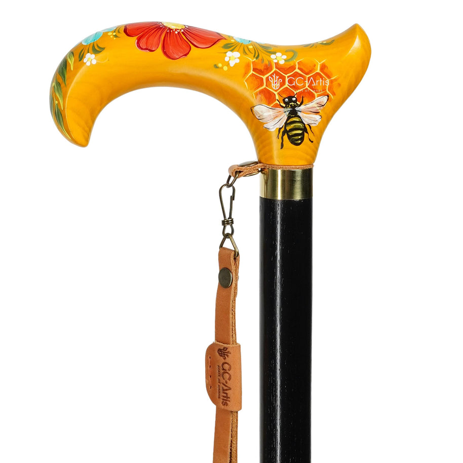 Bee in the Honey Garden - yellow Hand-painted Walking Stick Cane, derby handle gift for mom grandma - GCArtis - Flowered Ladies canes - Bronze, wood