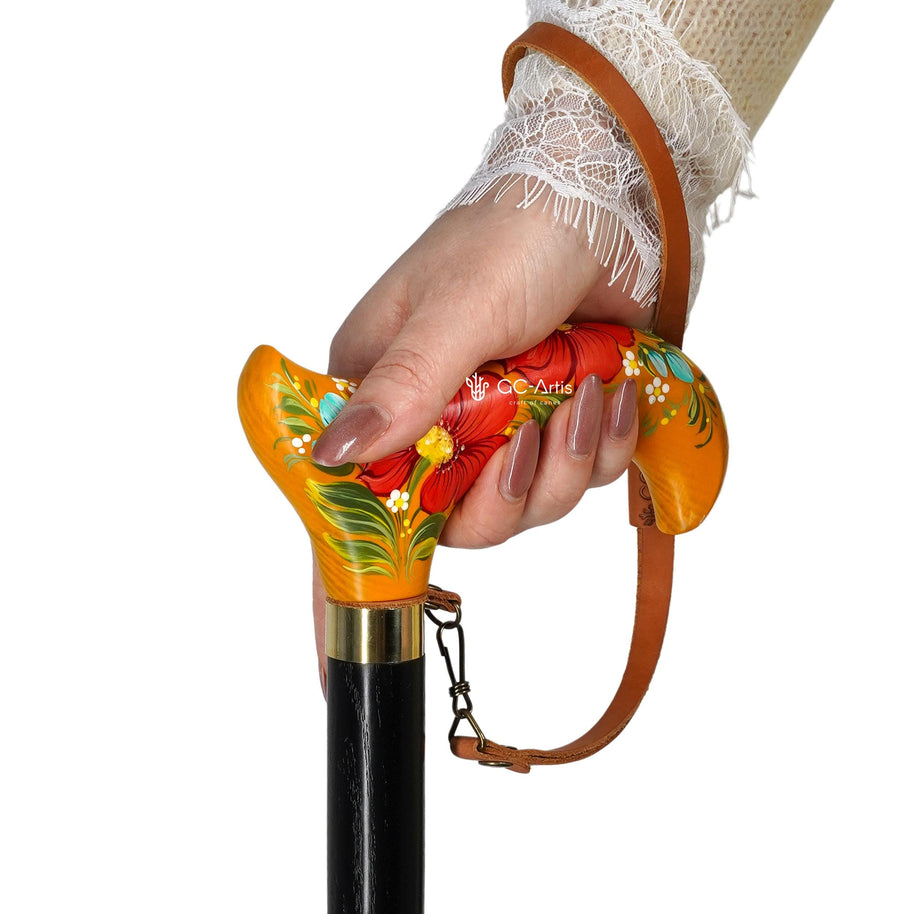 Bee in the Honey Garden - yellow Hand-painted Walking Stick Cane, derby handle gift for mom grandma - GCArtis - Flowered Ladies canes - Bronze, wood